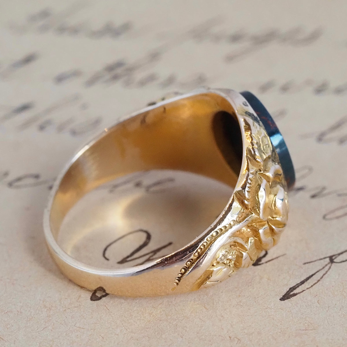 Antique Bloodstone and Roses 10k Gold Signet Ring