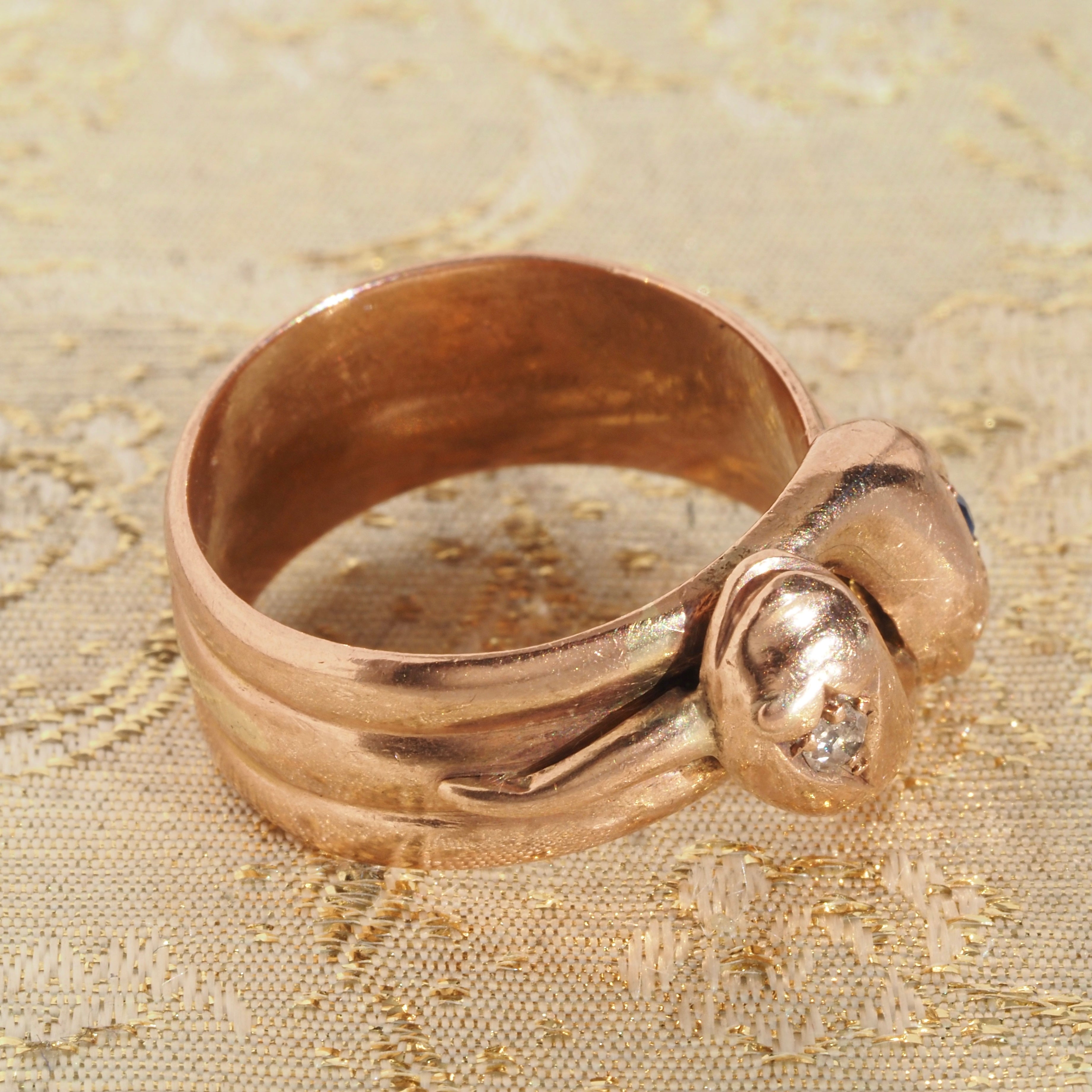 Antique c. 1904 English Old Mine Cut Diamond and Sapphire Double Snake 9k Rose Gold Ring
