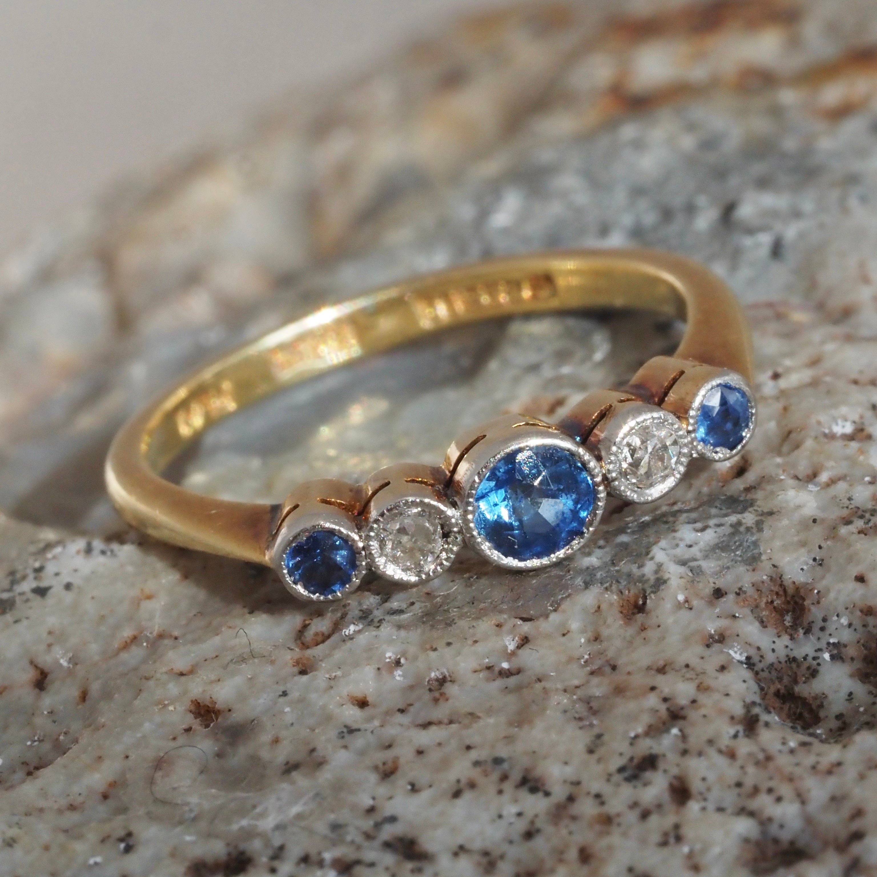 Antique Edwardian Natural Sapphire and Diamond 18k Gold and Platinum Ring