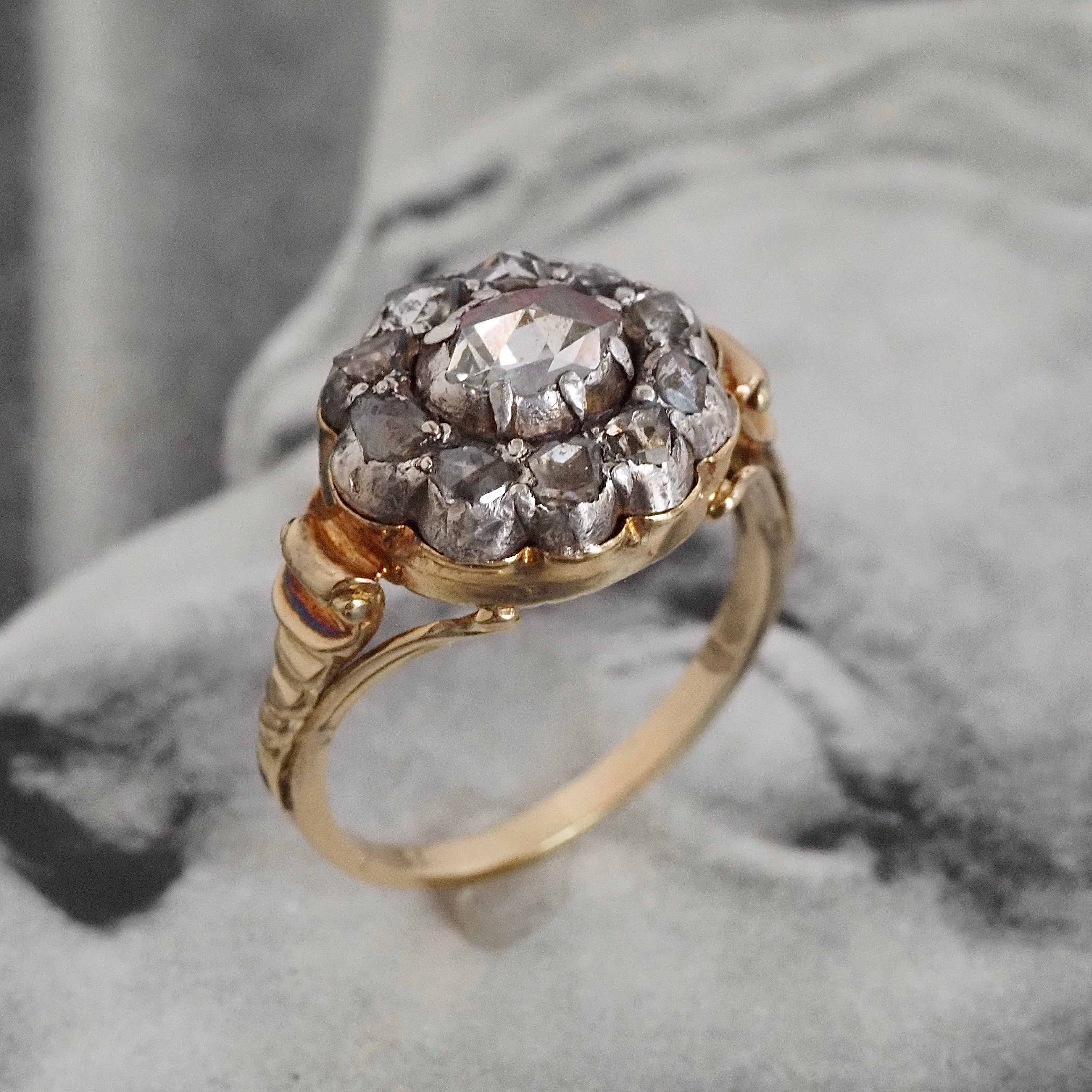 Antique Georgian c. 1800-1810 18k Gold Foil Backed Rose Cut Diamond Cluster Ring