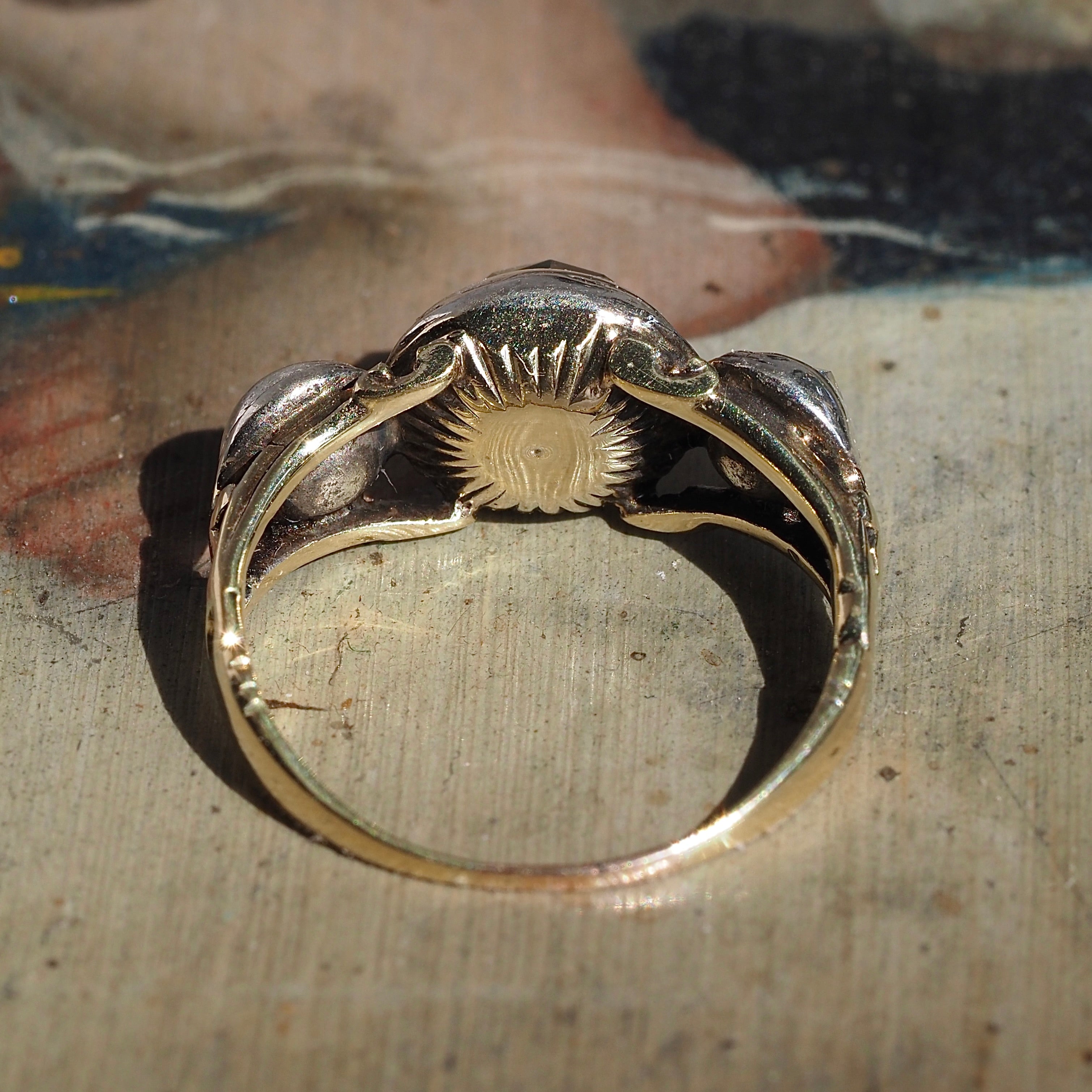 Antique Early 18th Century Georgian Dutch Cut Rose Cut Diamond 18k Gold and Sterling Silver Trilogy Ring