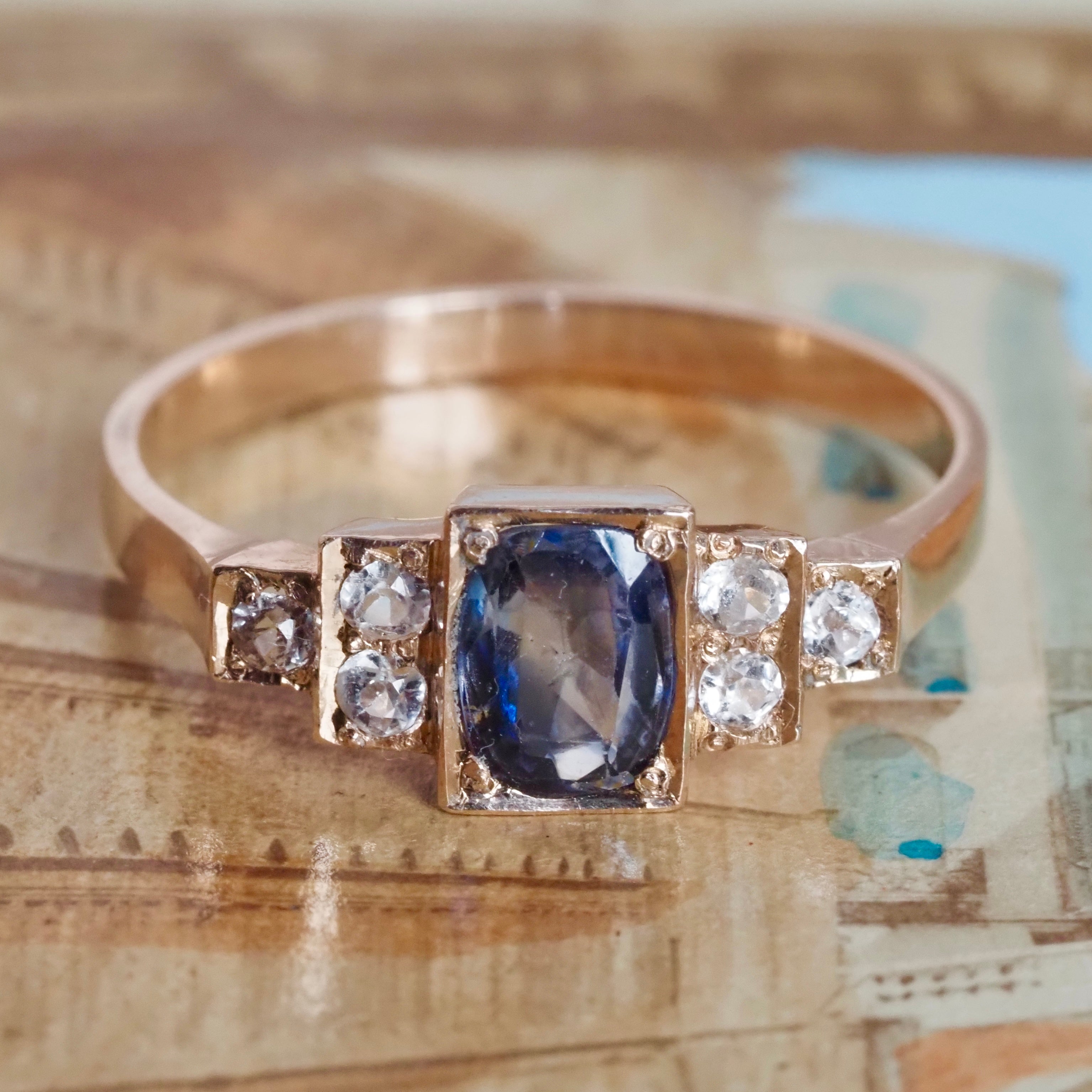 Late Deco Natural Sapphire and Spinel Step 9k Gold Ring