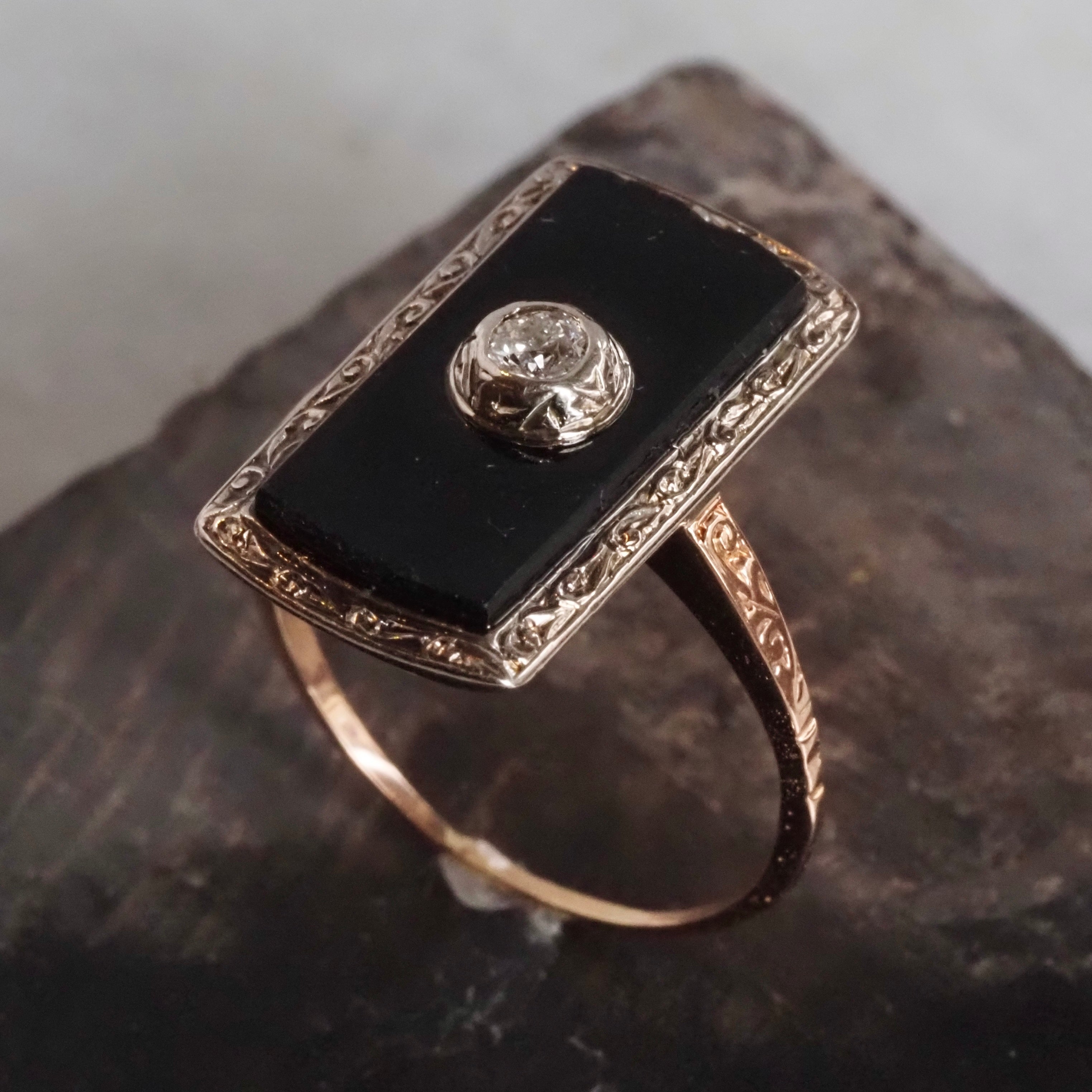 Antique Art Deco 10k White and Rose Gold Onyx and Diamond Ring