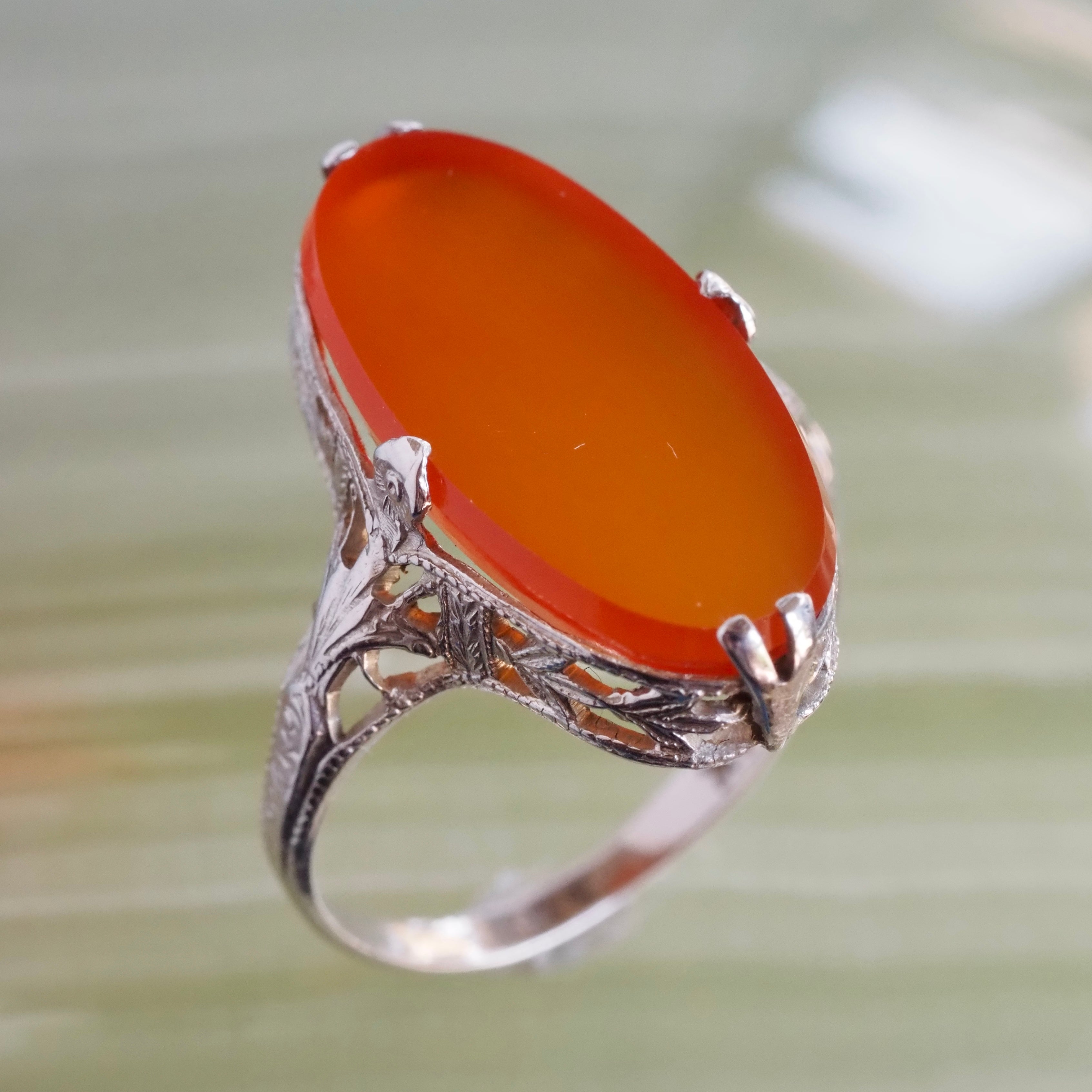 Antique Art Deco 14k White Gold Filigree Carnelian Ring