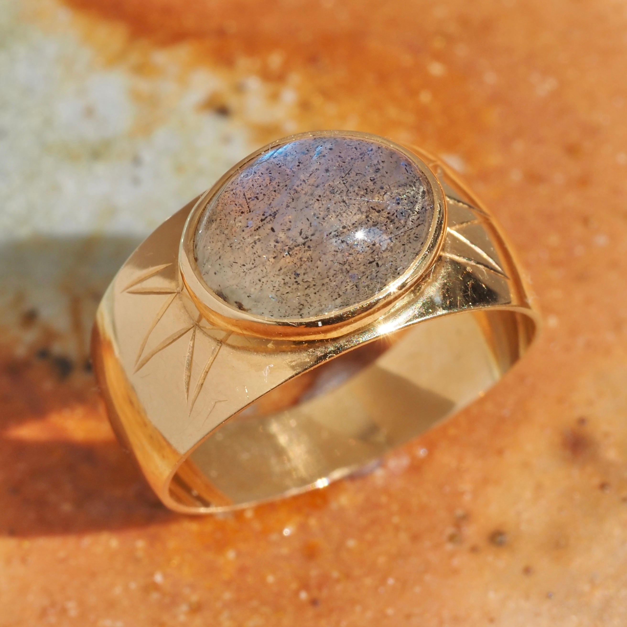 Mid-Century Swedish Labradorite Cabochon Wide 18k Gold Ring