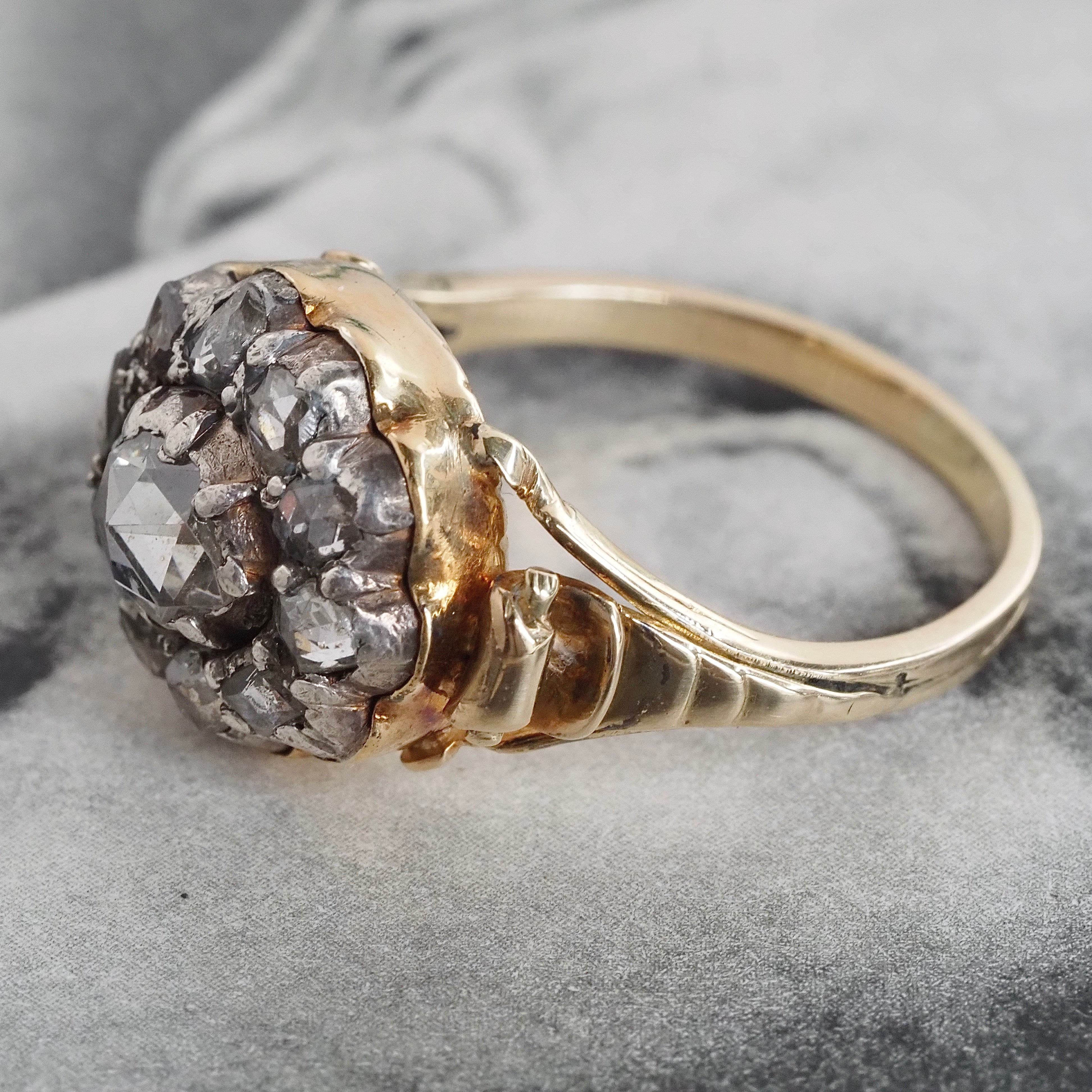Antique Georgian c. 1800-1810 18k Gold Foil Backed Rose Cut Diamond Cluster Ring