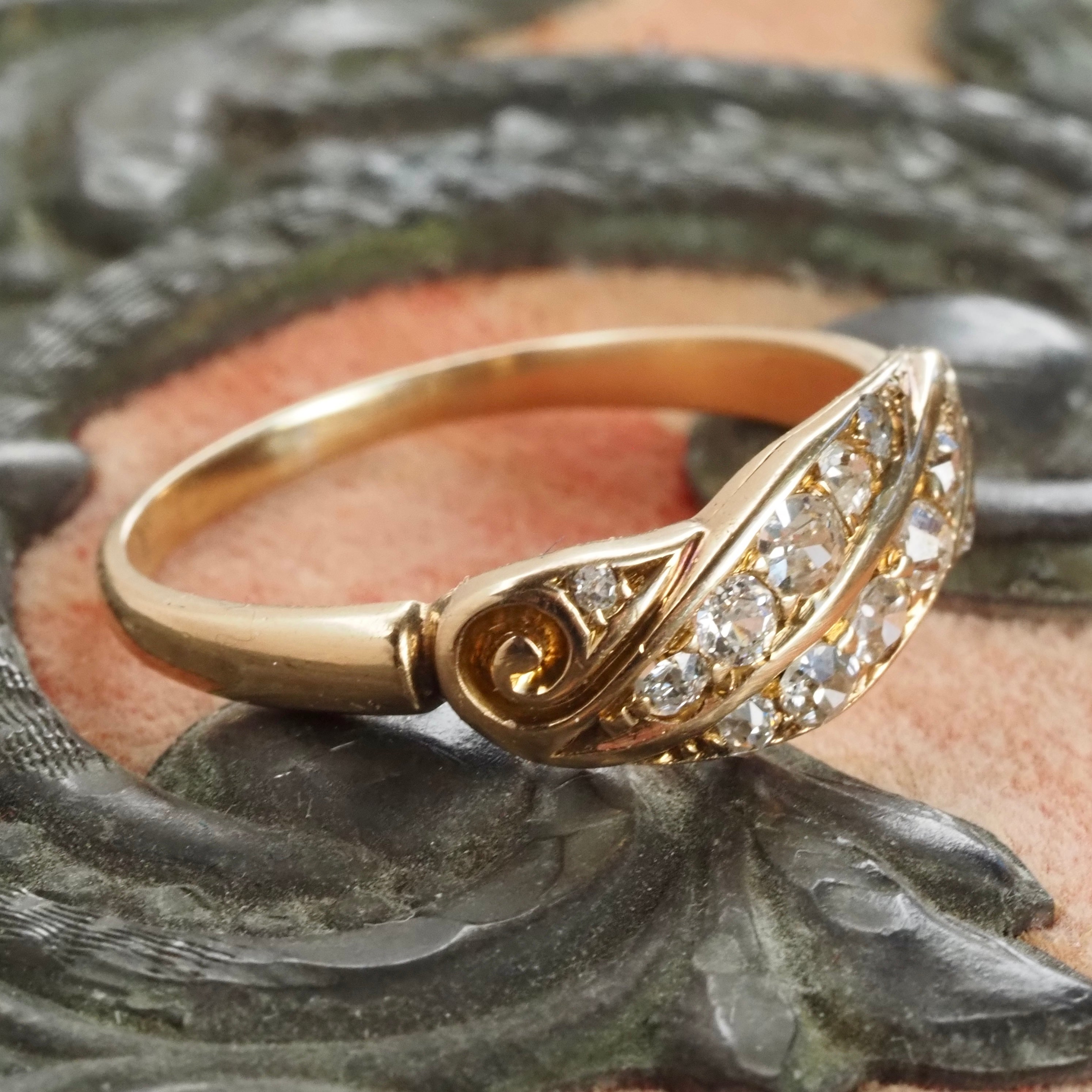 Antique English Old Mine Cut Diamond 18k Gold Scroll Ring