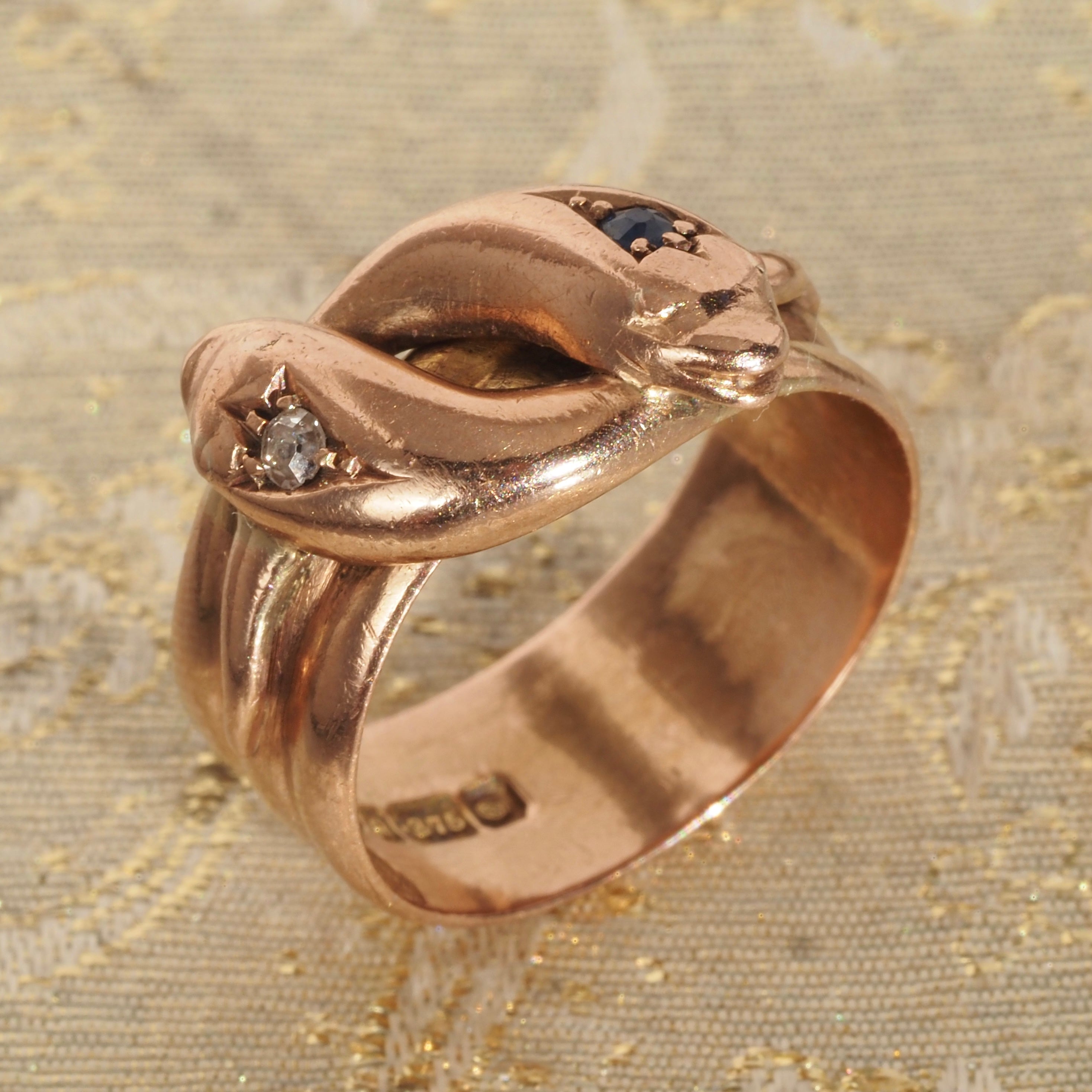 Antique c. 1904 English Old Mine Cut Diamond and Sapphire Double Snake 9k Rose Gold Ring
