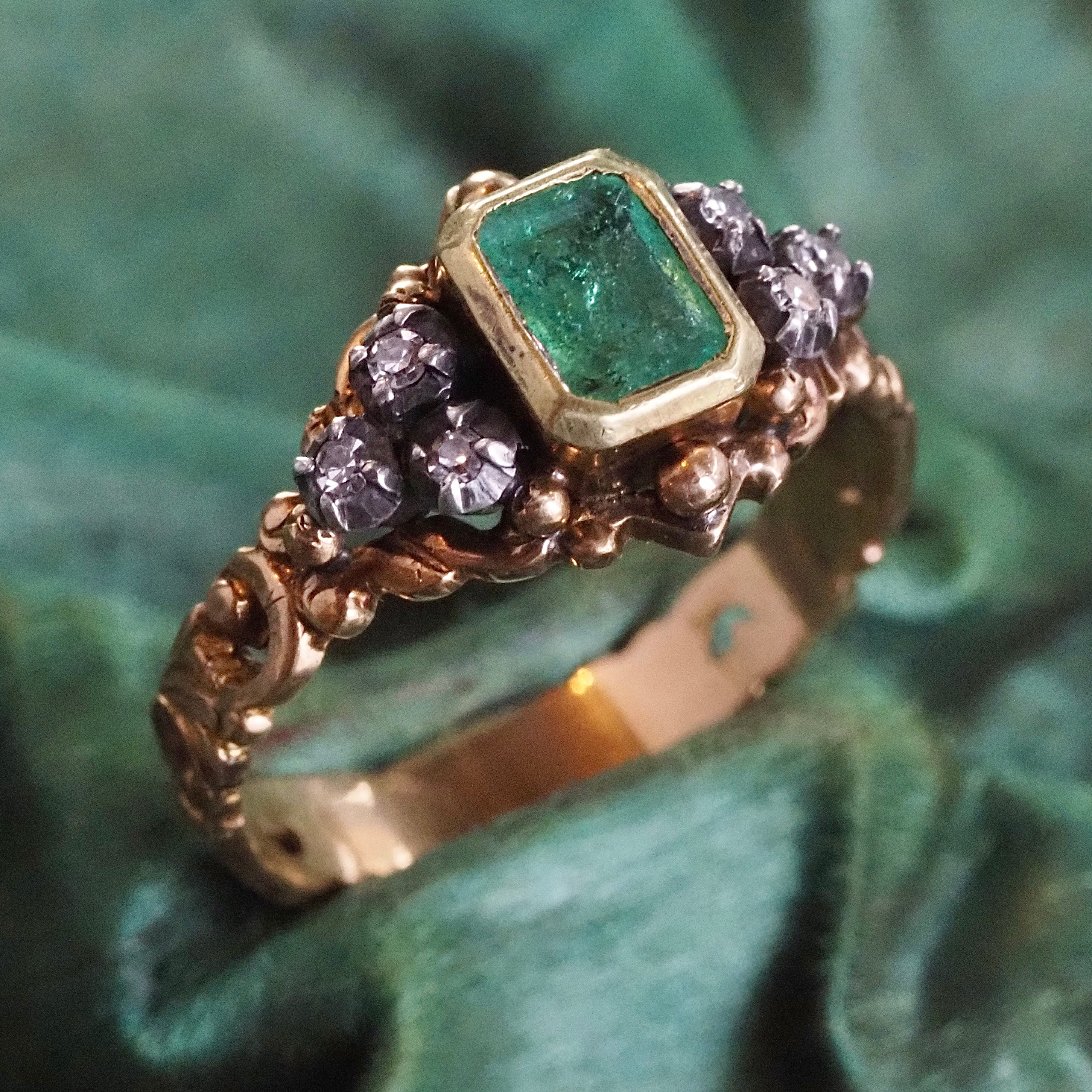 Vintage Victorian Style Emerald and Diamond 18k Gold and Silver Ring