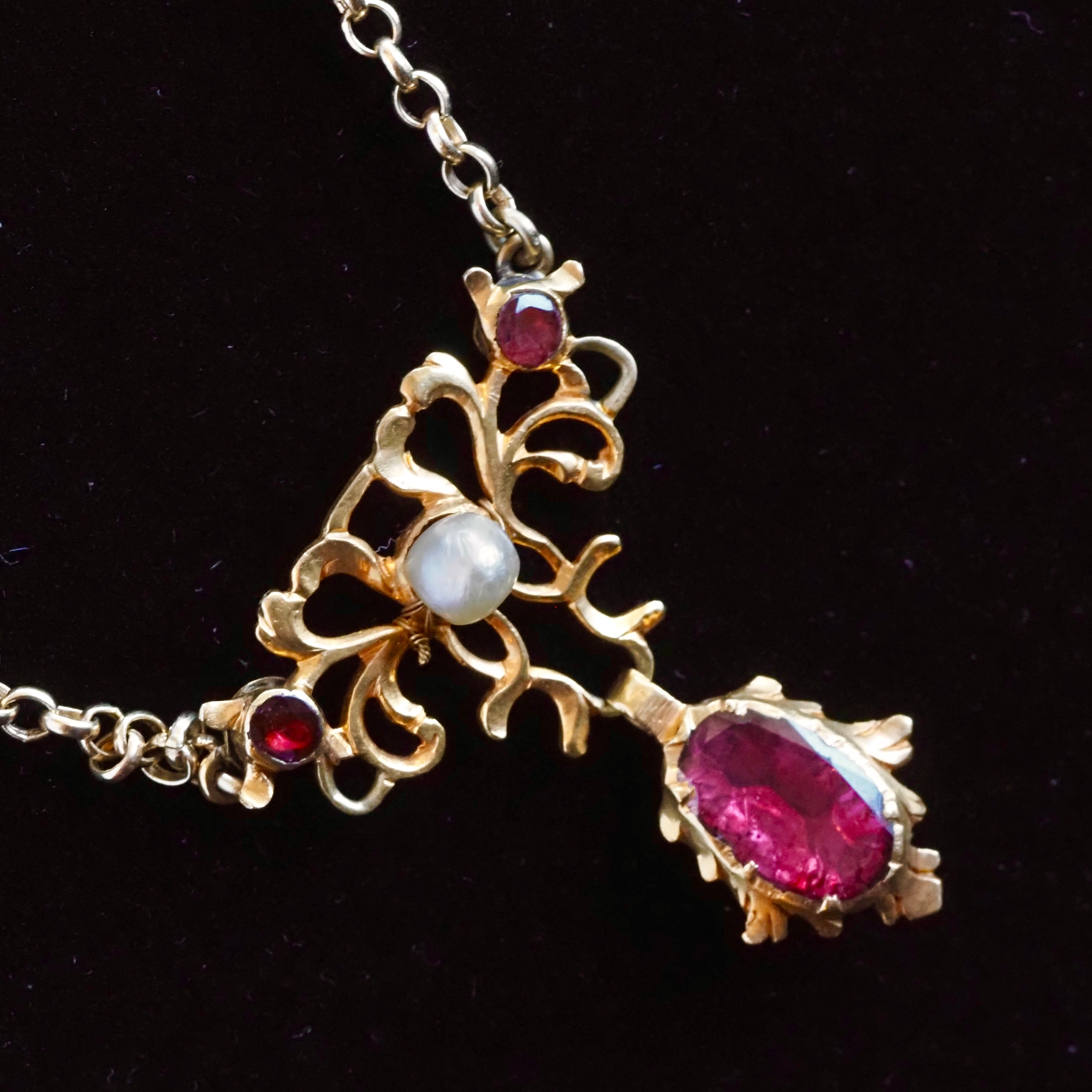 Antique Georgian Foiled Garnet Pendant on Vintage 9k Gold Rolo Chain