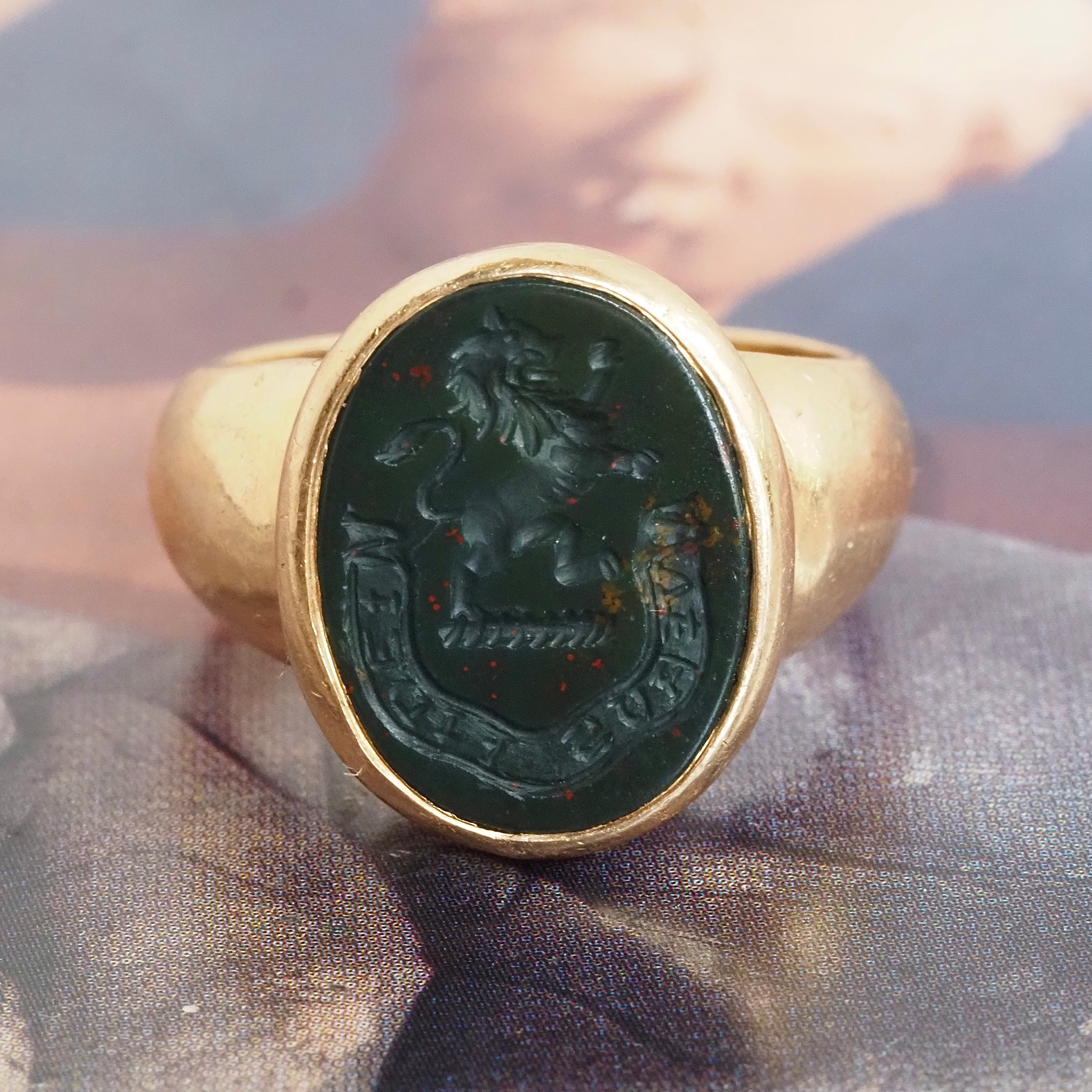 Antique Bloodstone Lion "Verus Fidelis" Intaglio 14k Gold Signet Ring