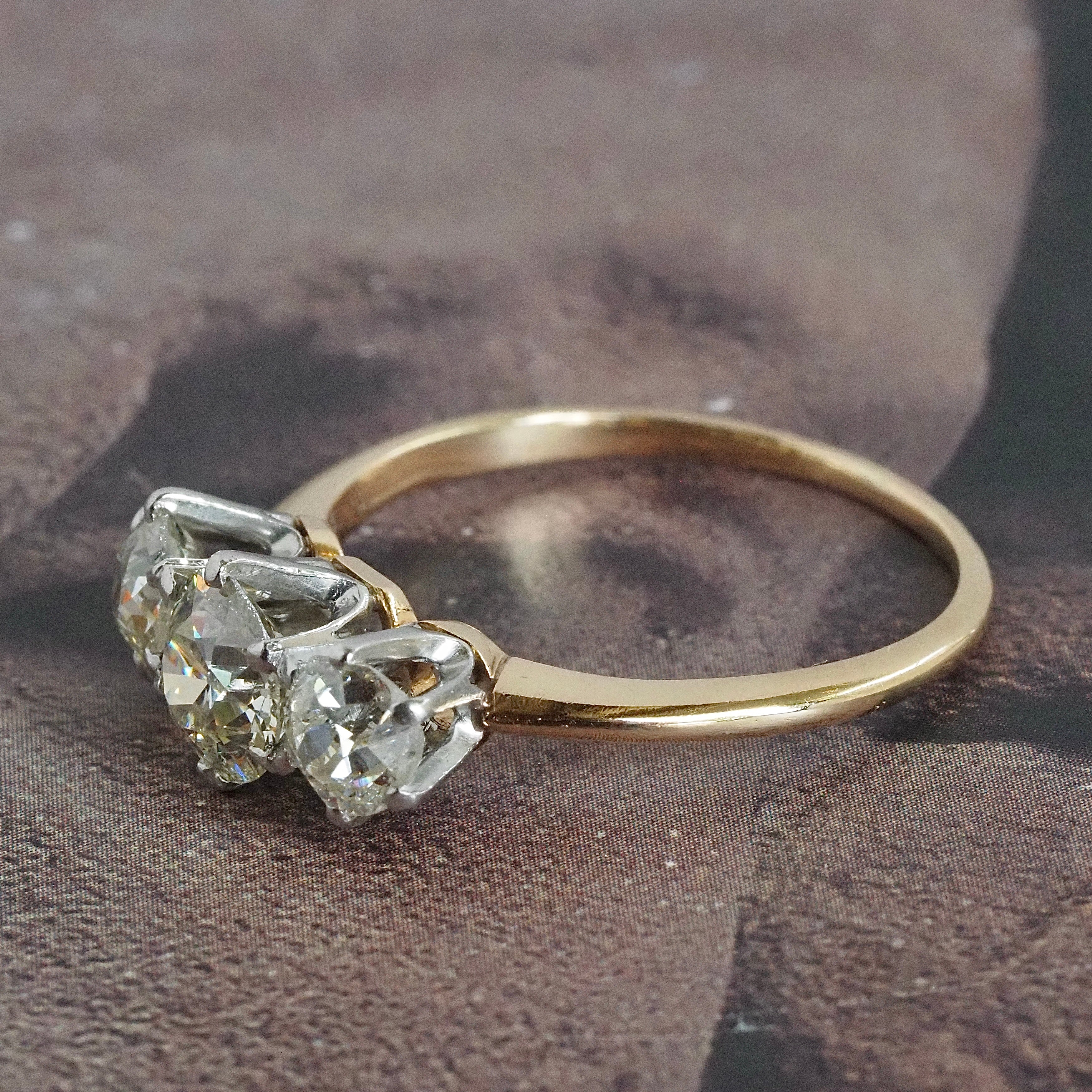Vintage Old European & Old Mine Cut 1.59ctw Diamond Trilogy Platinum 14k Gold Engagement Ring