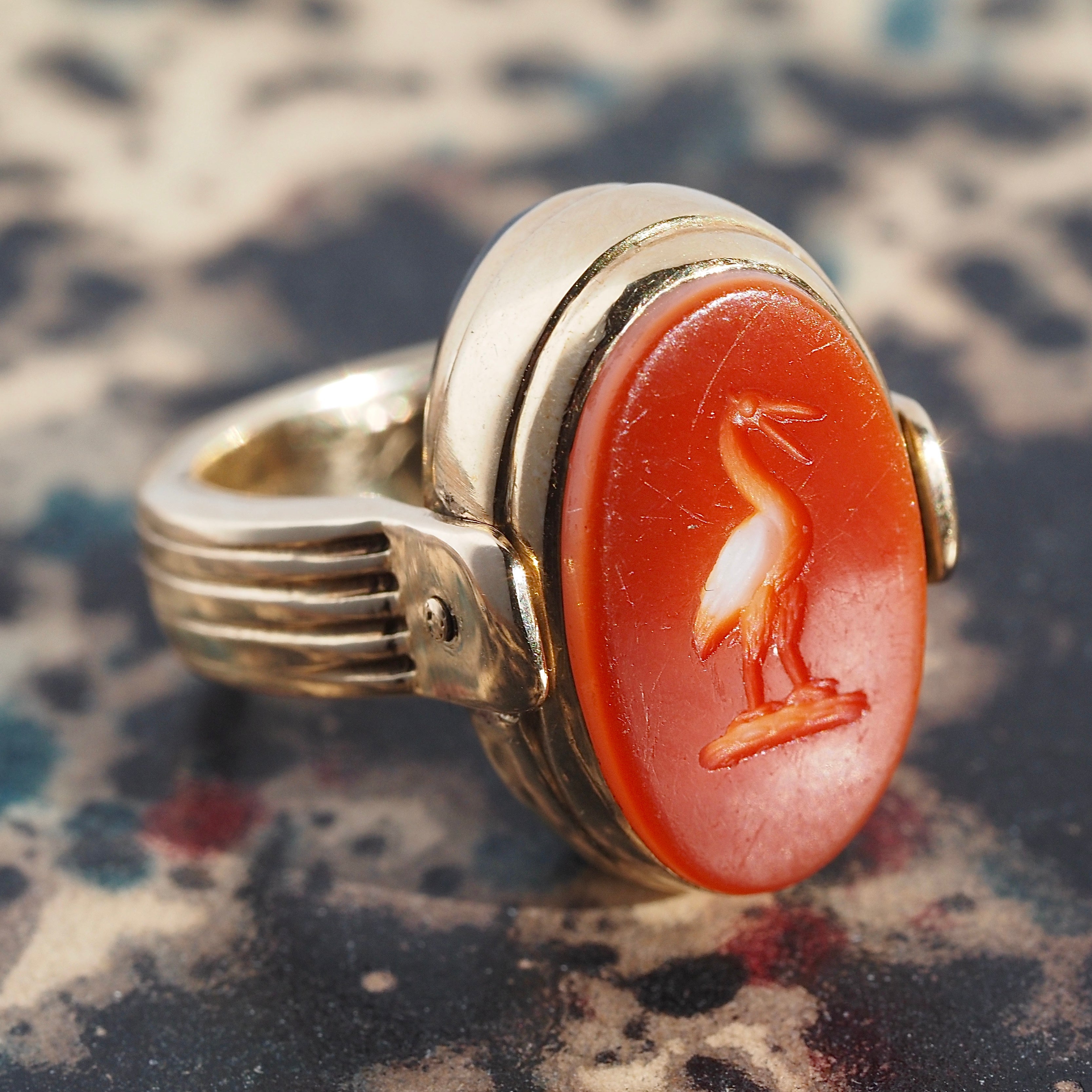 Antique Victorian Heron & Boar Swivel Intaglio Carnelian and Banded Agate 14k Gold Ring