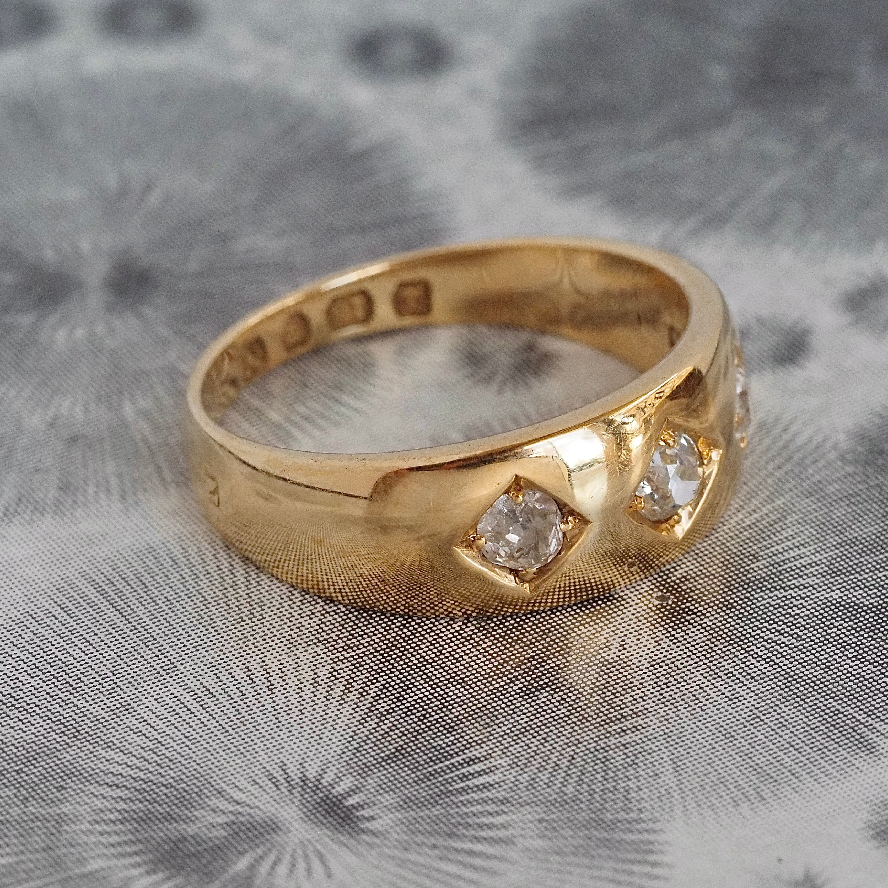 Antique c. 1888 English Flush Set Old Mine Cut Diamond Trilogy 18k Gold Ring