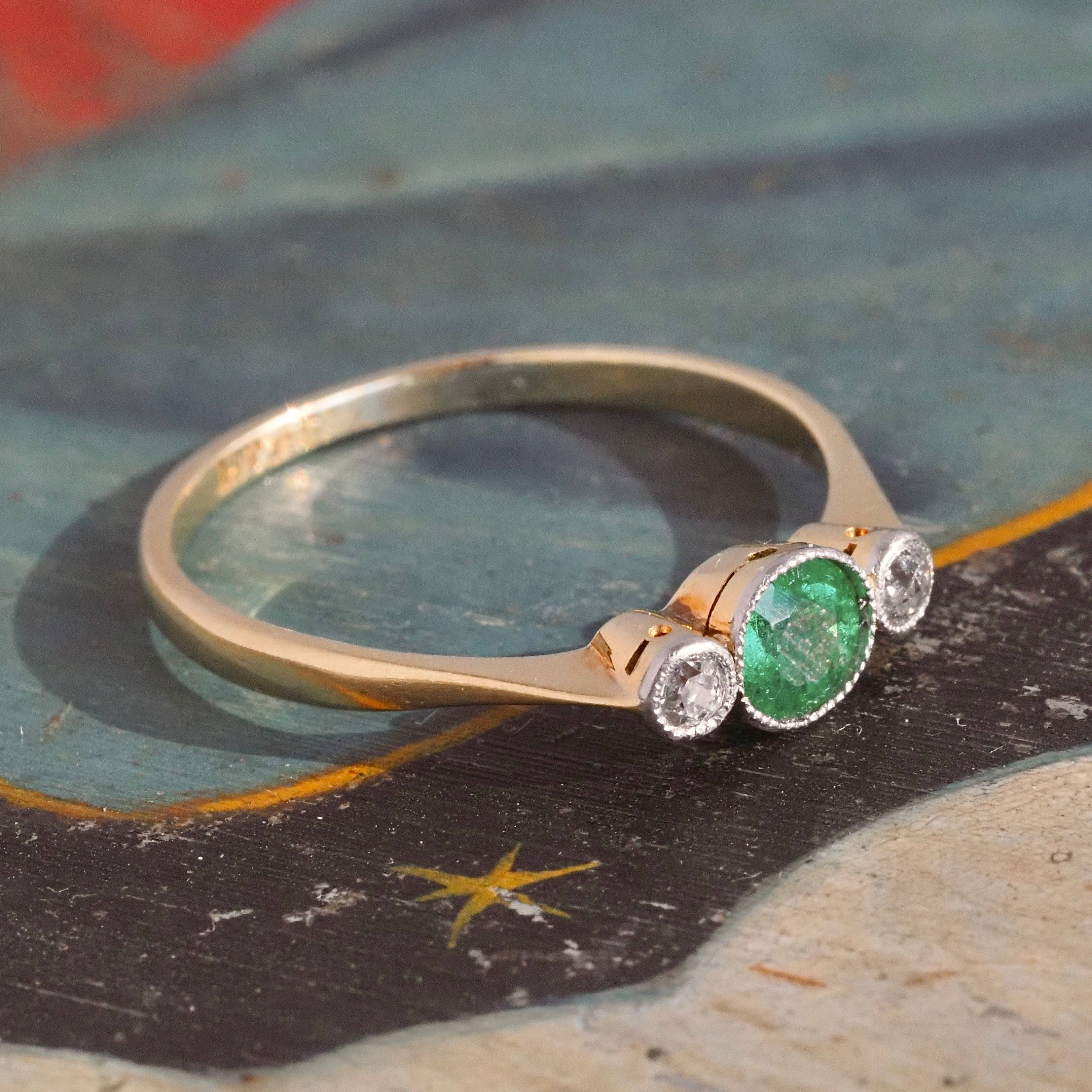 Antique Edwardian Emerald and Old Mine Cut Diamond Trilogy Platinum and 18k Gold Ring