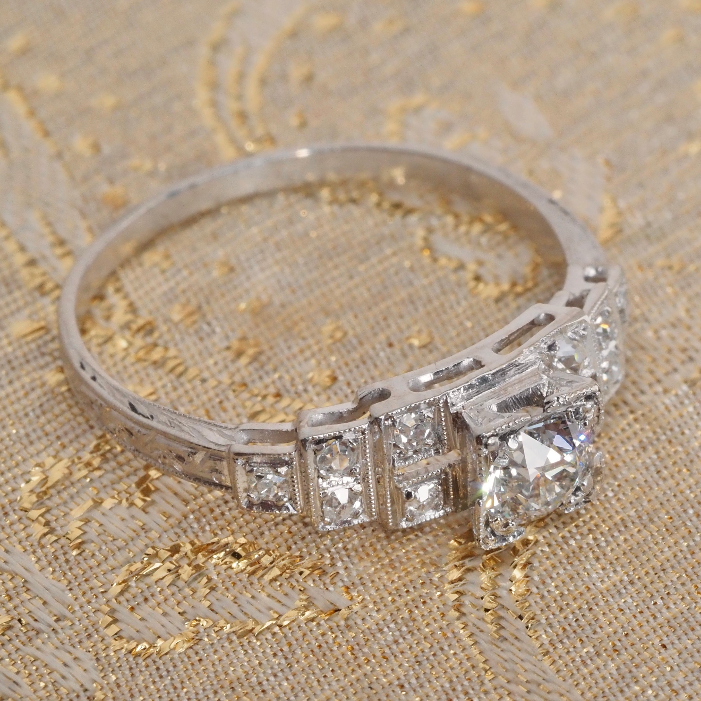 Art Deco Platinum Step Old European Cut Diamond Engagement Ring