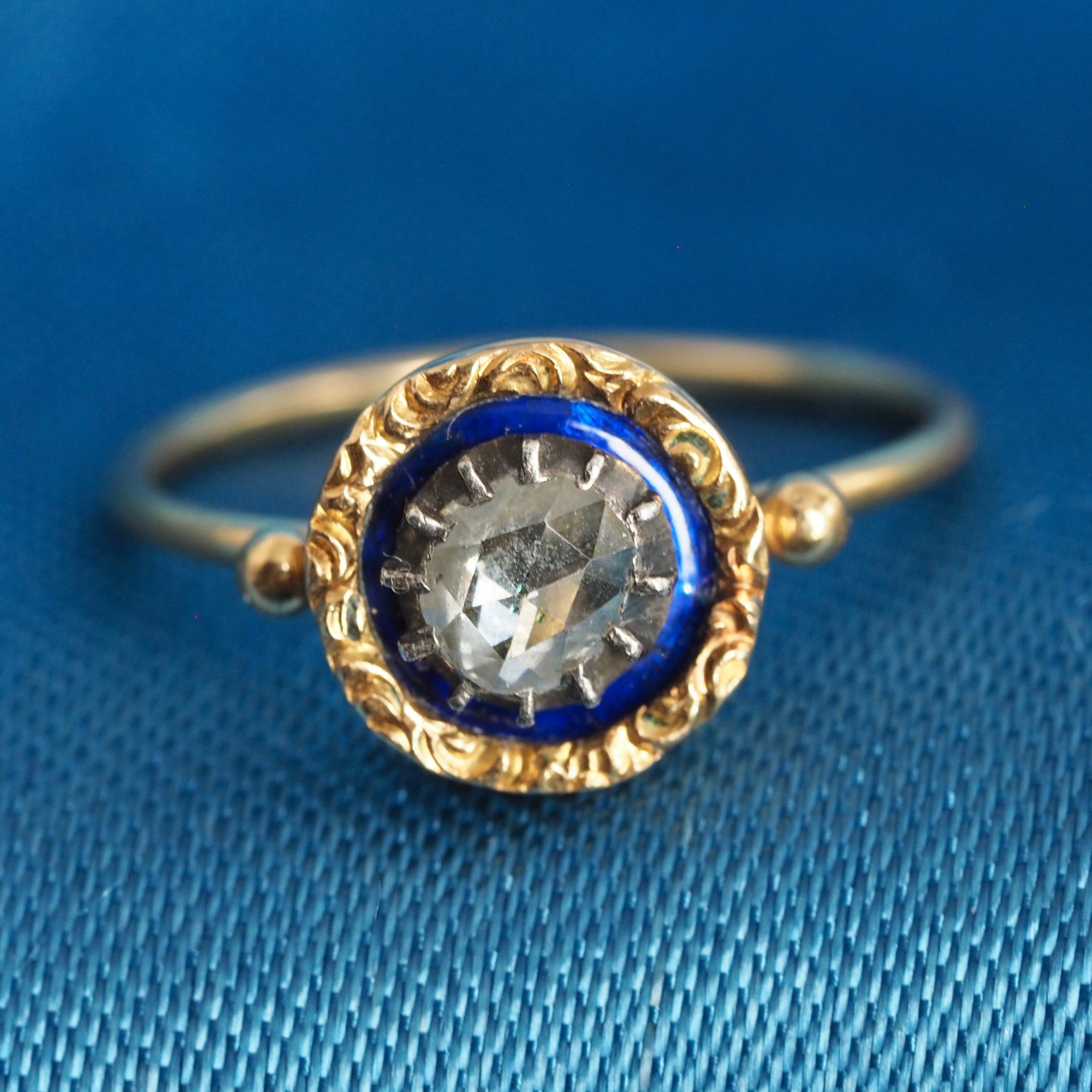 Antique Portuguese 19k Gold Georgian Rose Cut Diamond and Enamel Ring