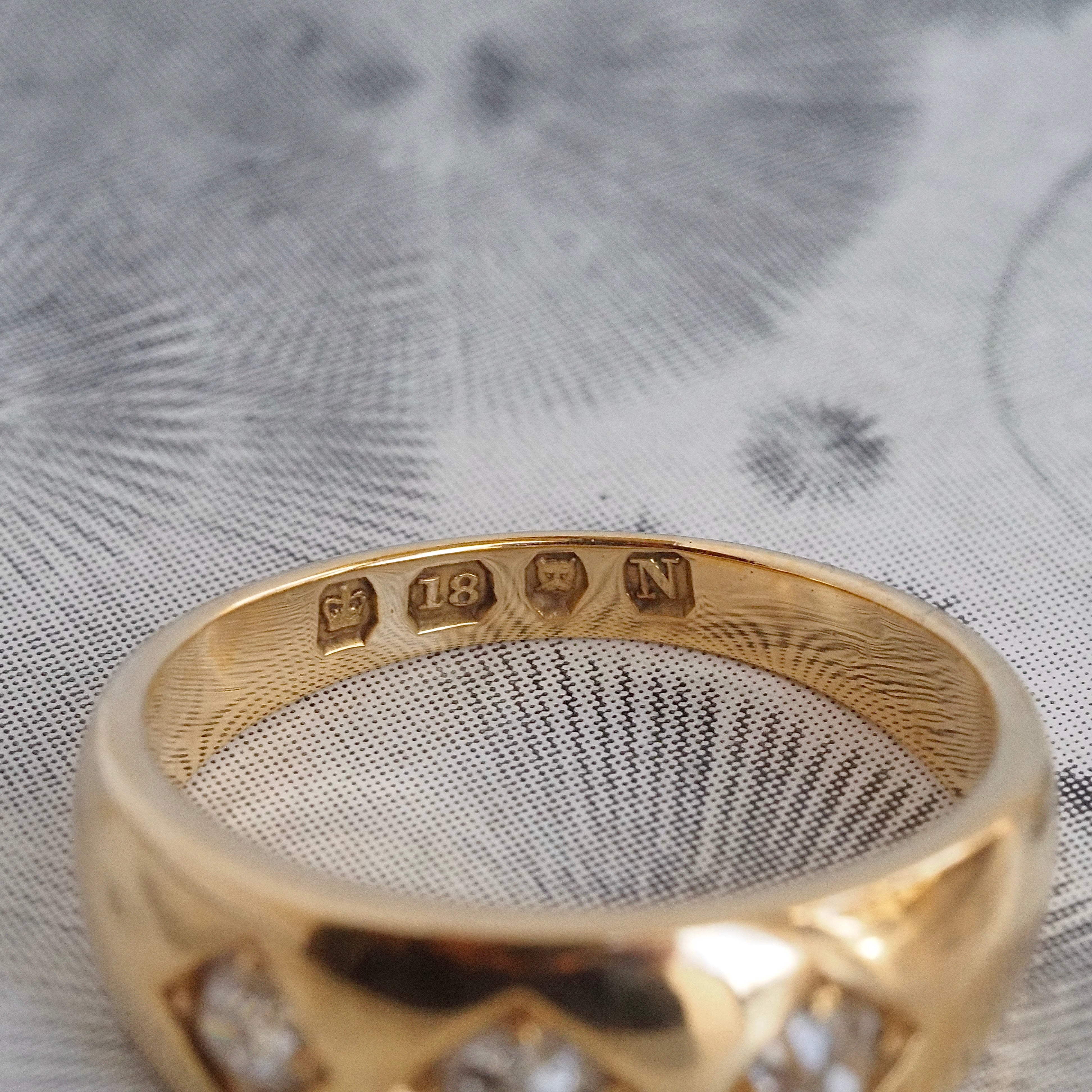 Antique c. 1888 English Flush Set Old Mine Cut Diamond Trilogy 18k Gold Ring