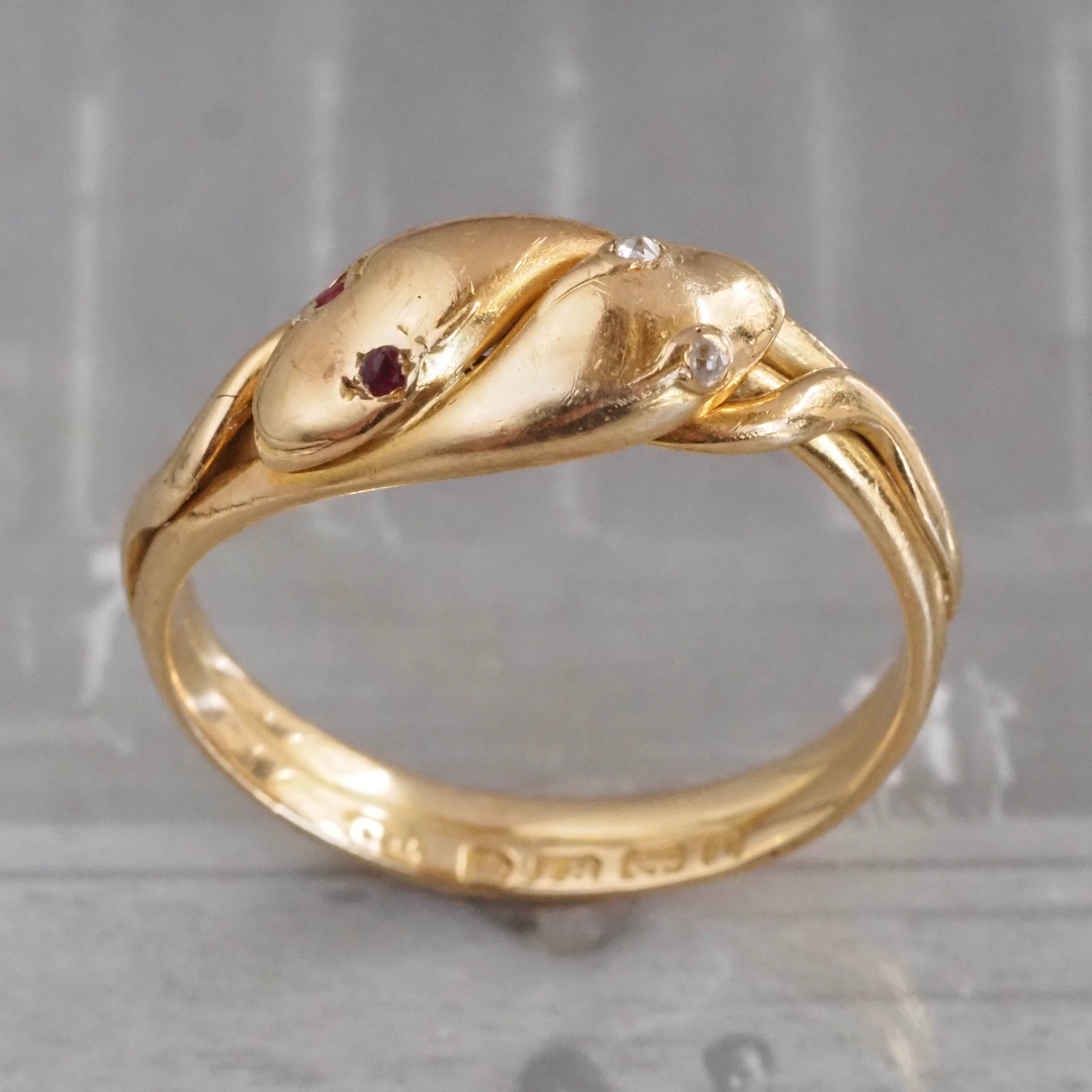 Antique c. 1891 English Double Snake Ruby and Diamond 18k Gold Ring