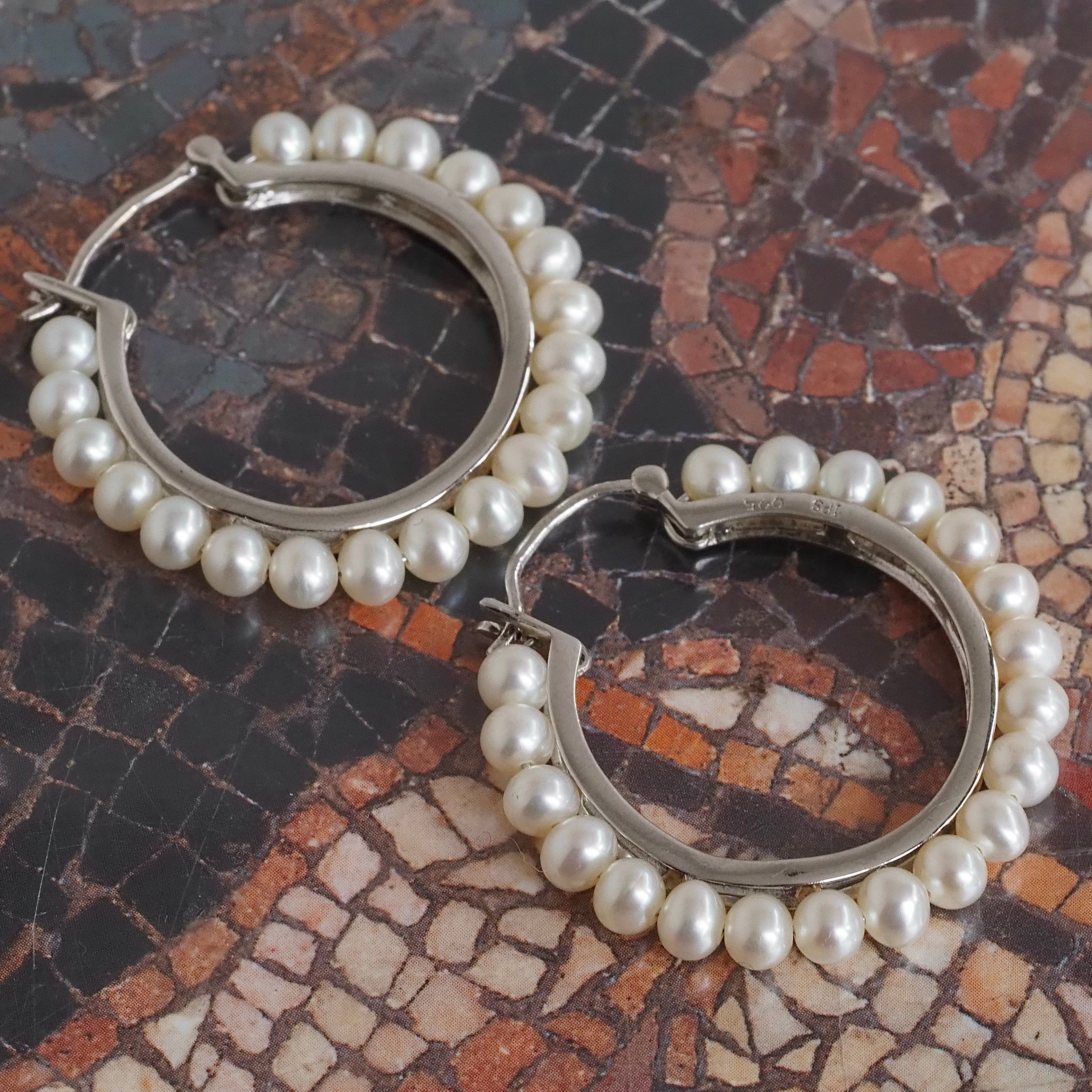 Vintage Pearl Sterling Silver Hoops