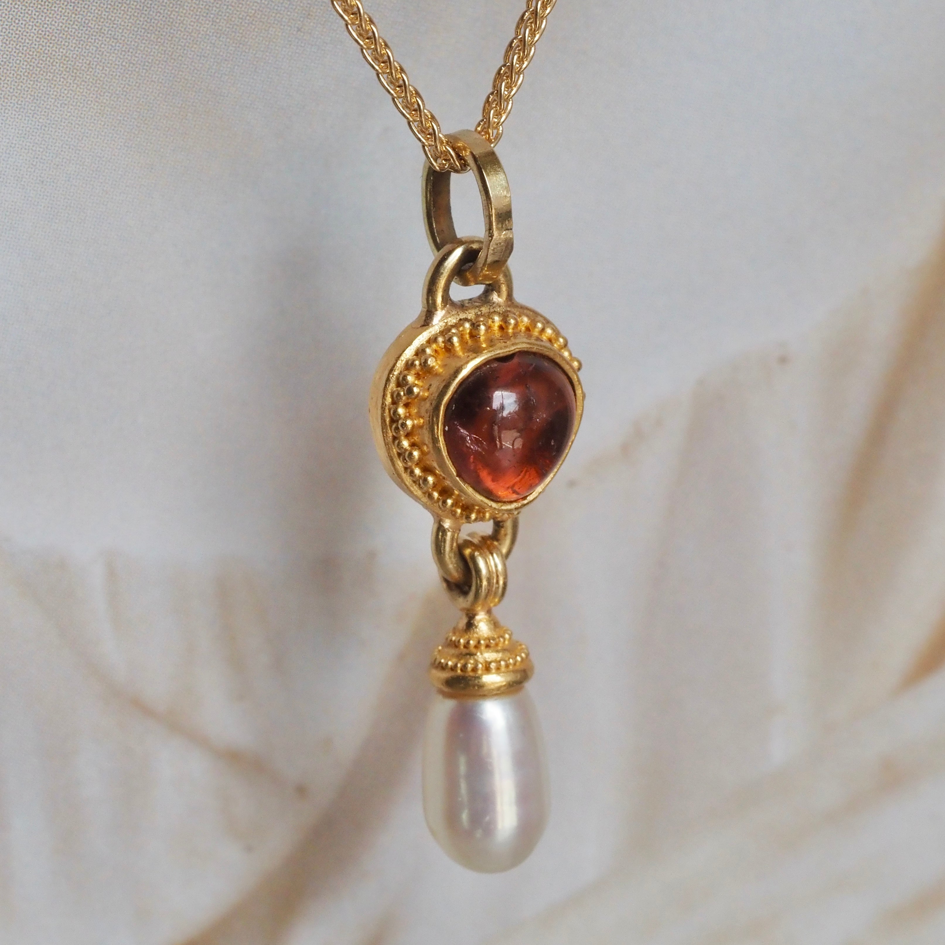 22k Gold Heart Tourmaline and Pearl Pendant