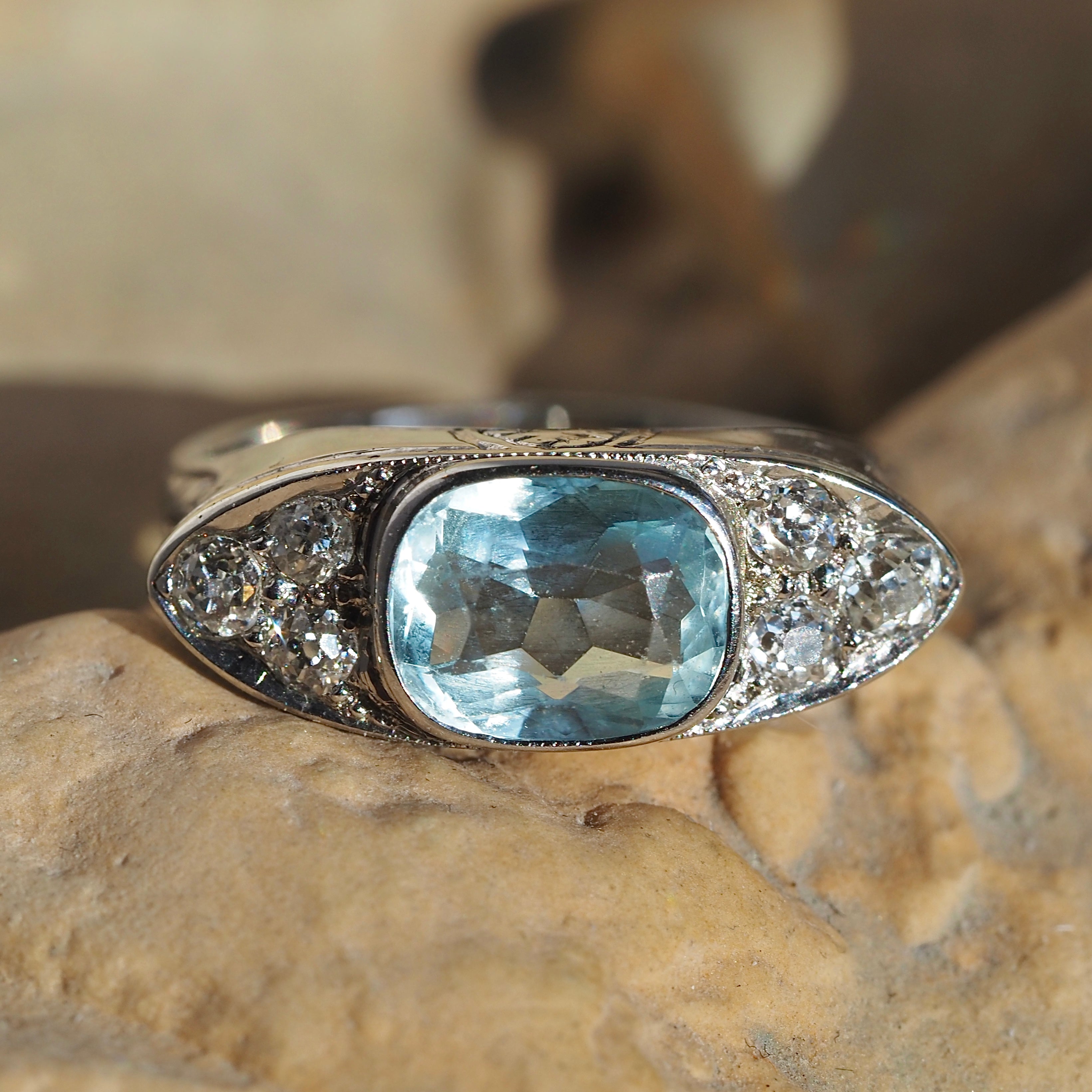 Art Deco Aquamarine Old Mine Cut Diamond Palladium Eye Ring