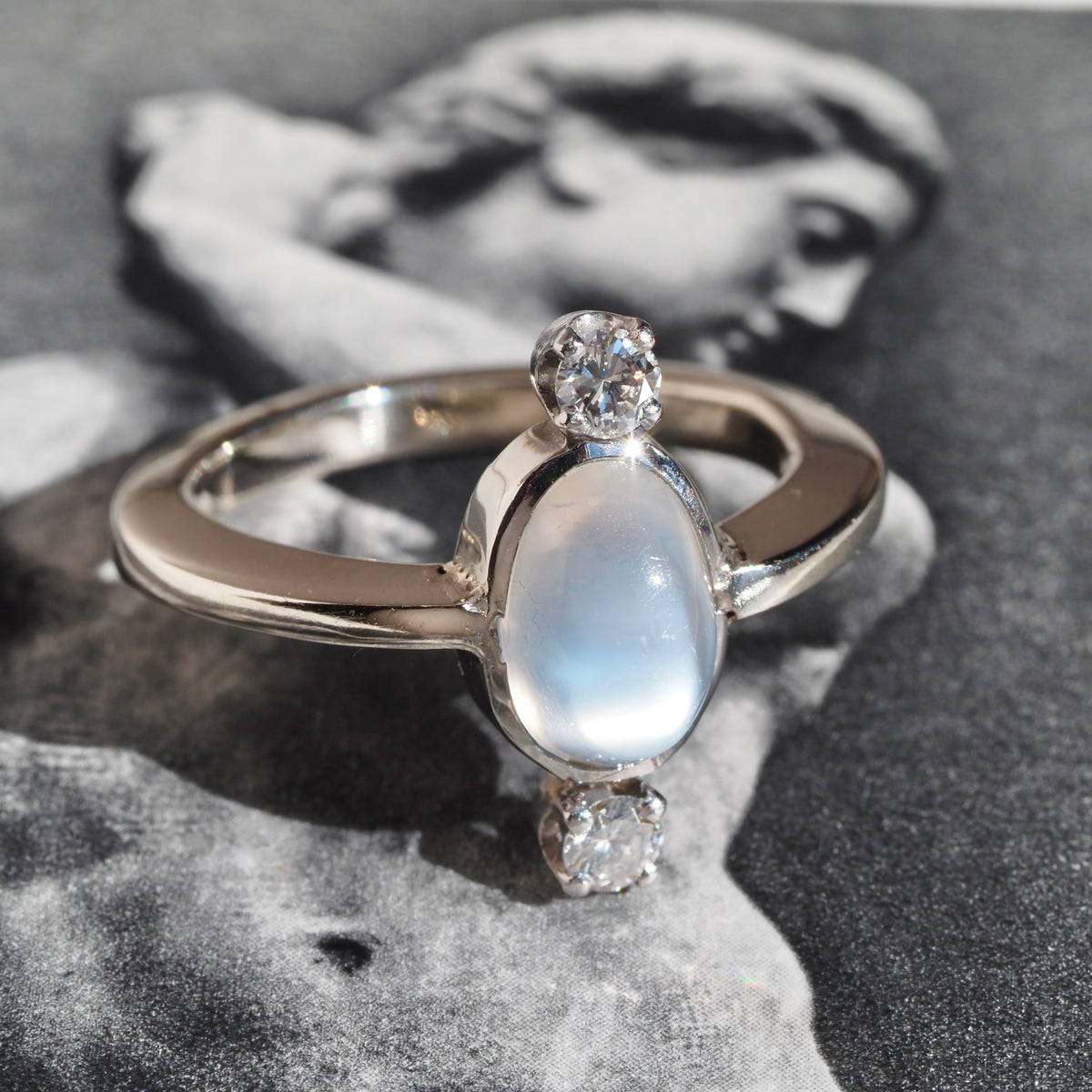 Antique Victorian Moonstone Diamond Palladium and 14k White Gold Ring