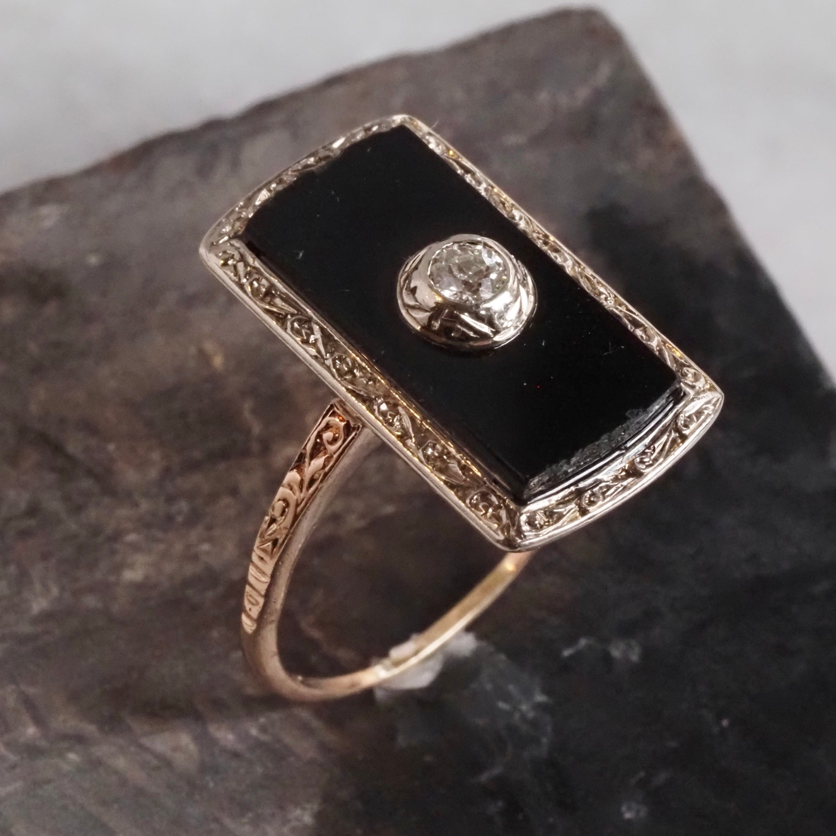 Antique Art Deco 10k White and Rose Gold Onyx and Diamond Ring