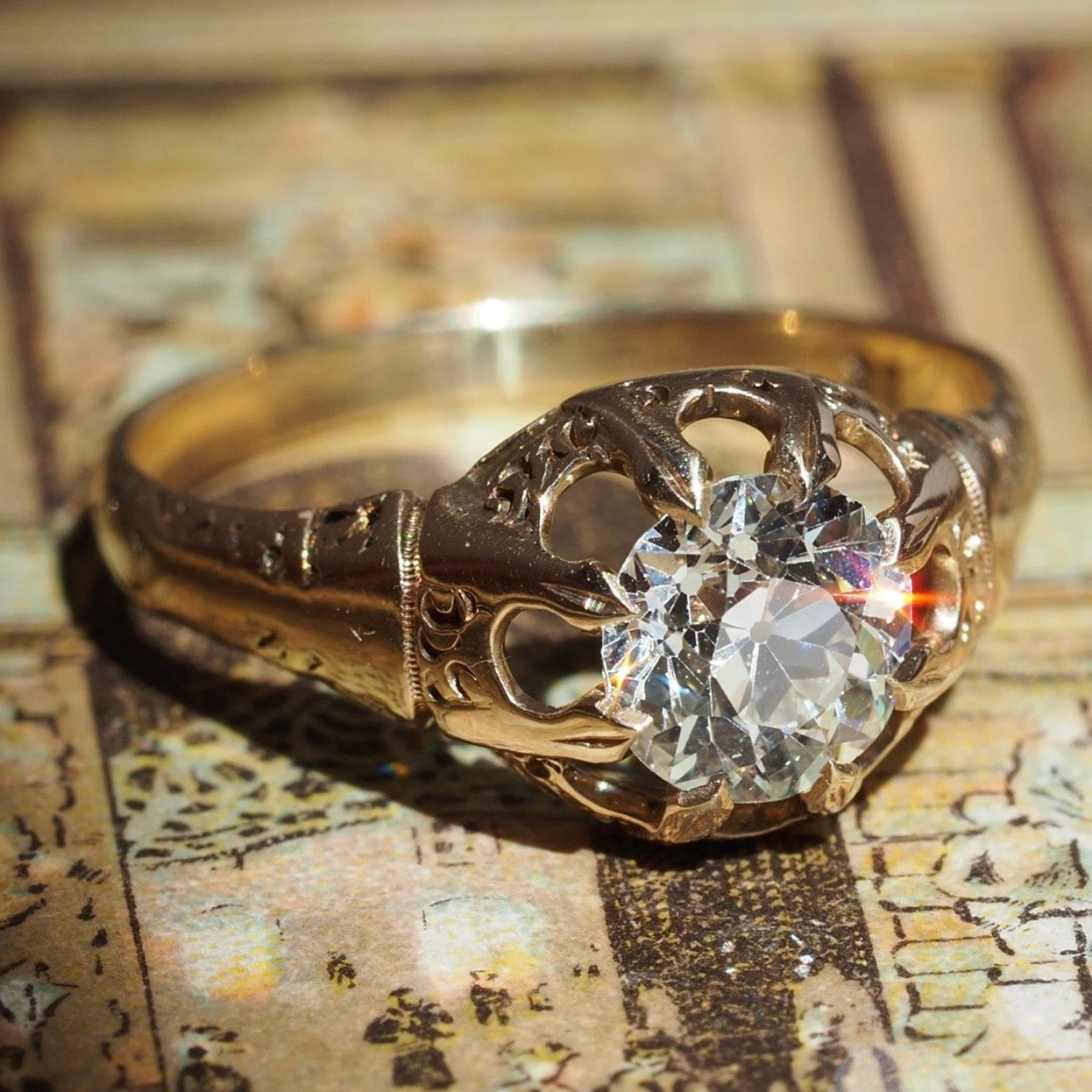 Antique Victorian Old European Cut Diamond Belcher 18k Gold Engagement Ring