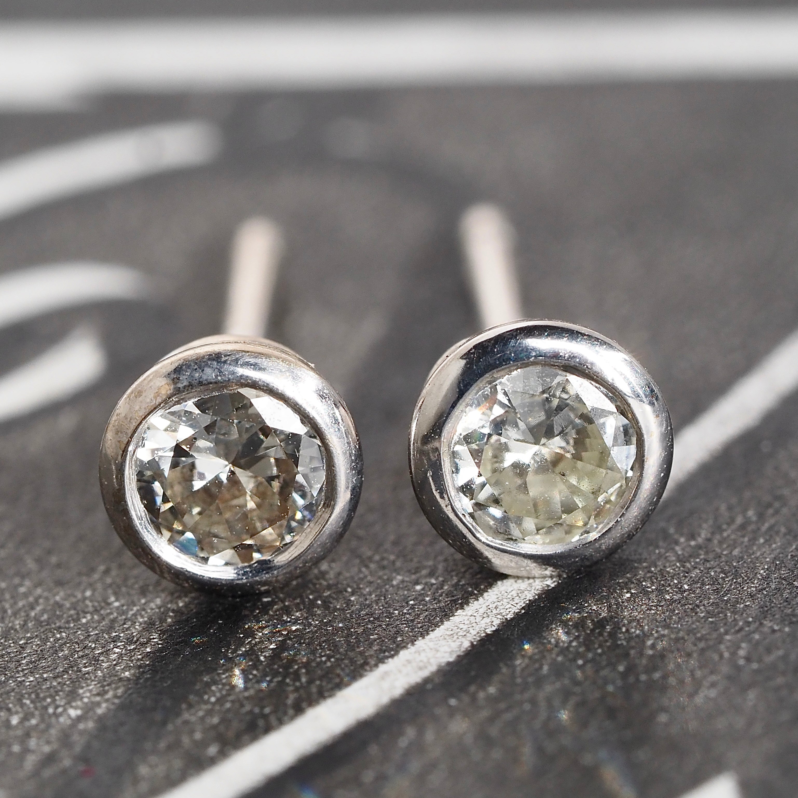 Vintage Diamond 18k White Gold Bezel Set Earrings