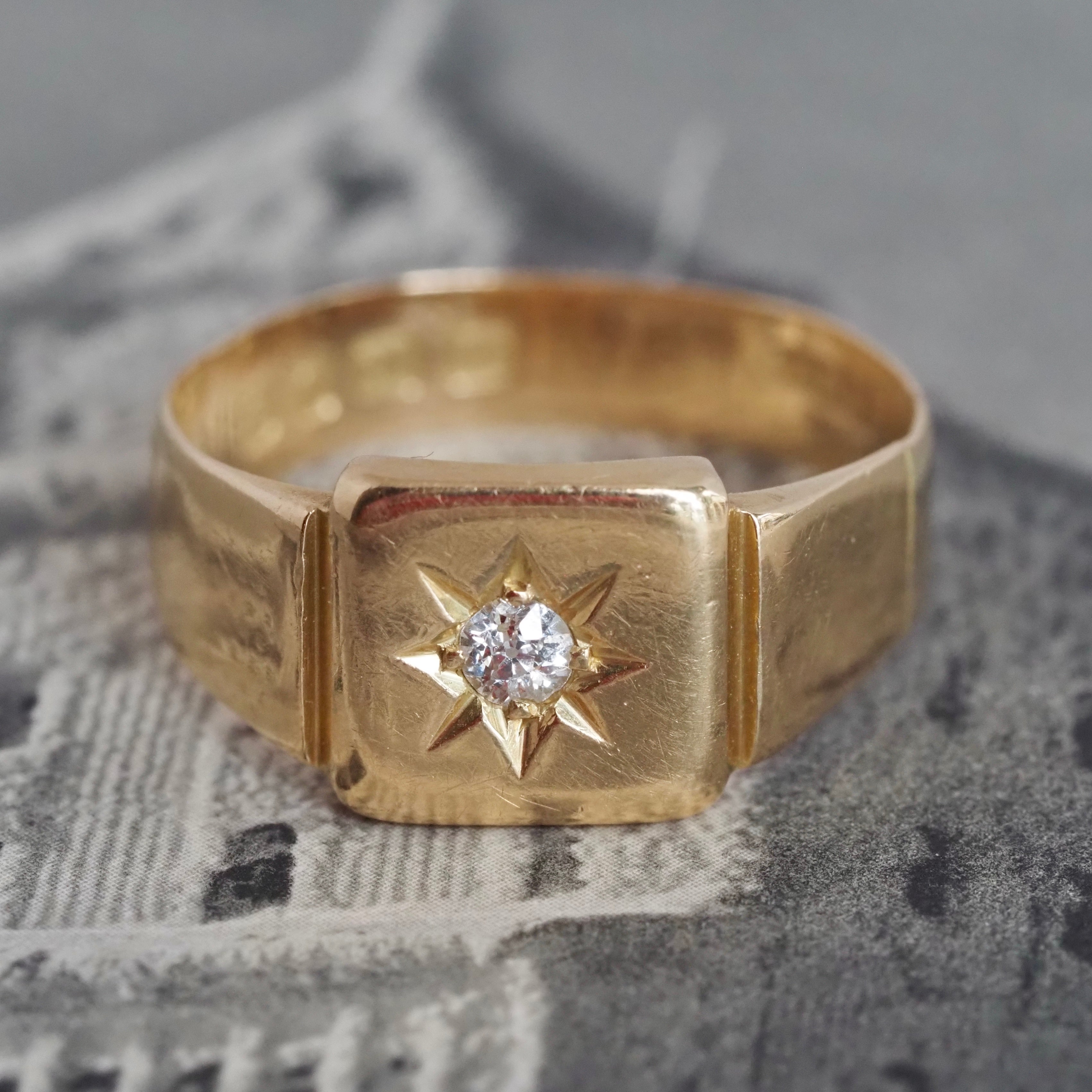 English c. 1933 18k Gold Flush Set Old Mine Cut Diamond Signet Ring