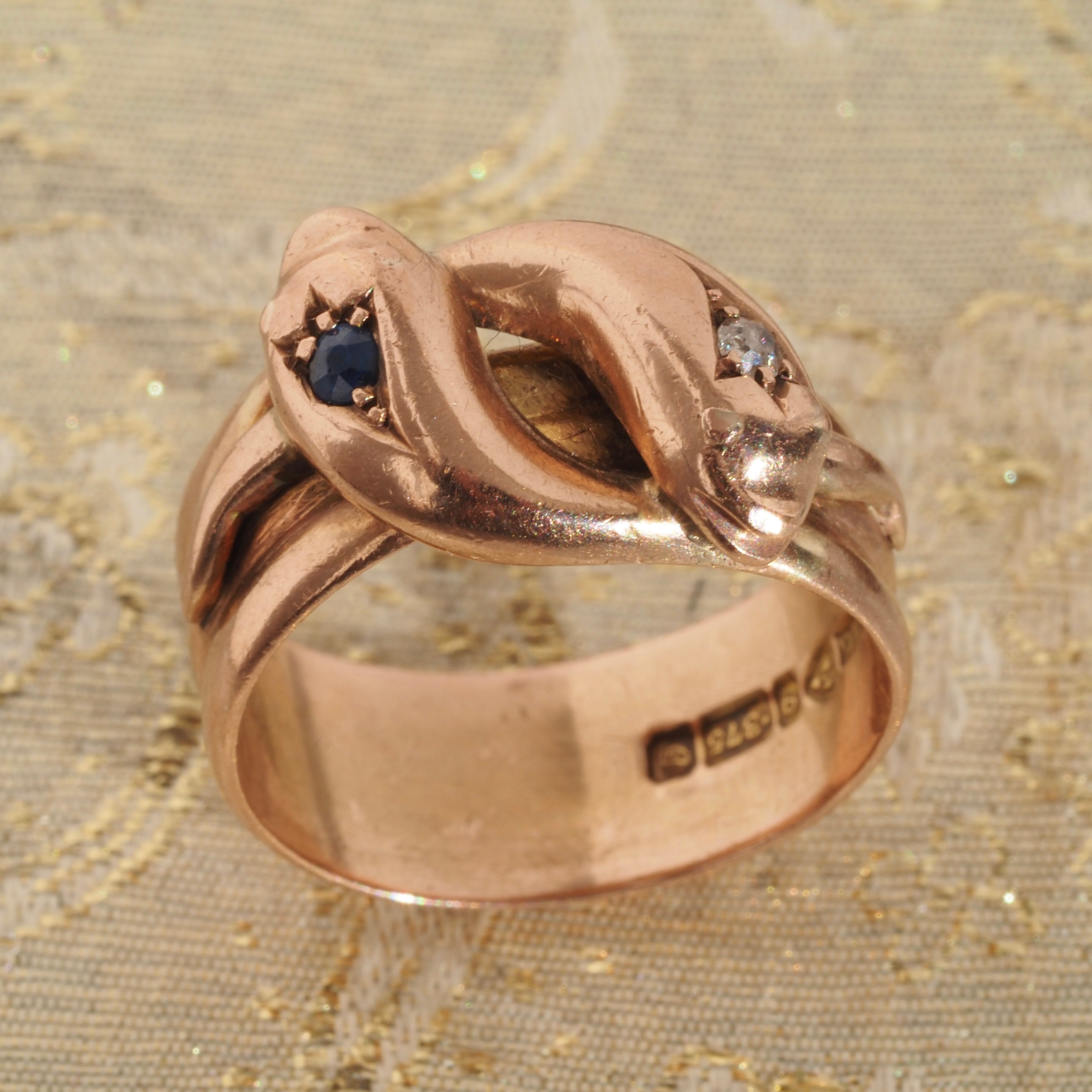 Antique c. 1904 English Old Mine Cut Diamond and Sapphire Double Snake 9k Rose Gold Ring