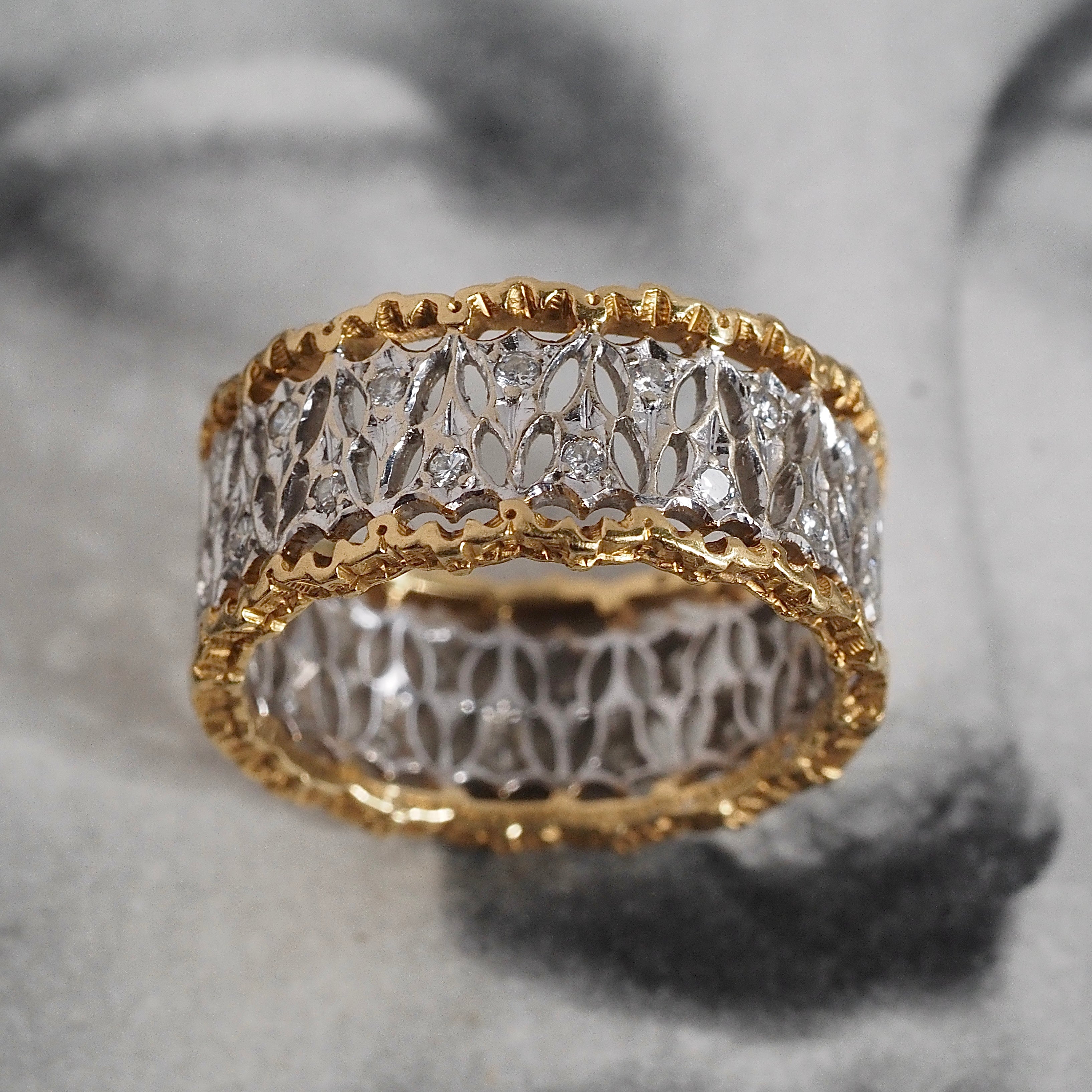 Vintage Italian 18k White and Yellow Gold Diamond Wide Lattice Open Work Band