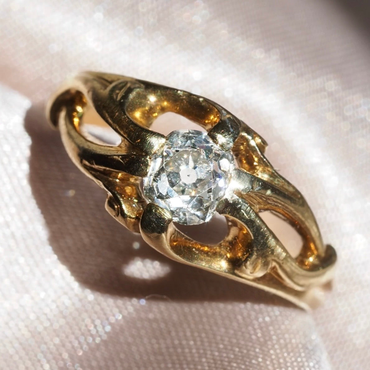 Antique French Art Nouveau Old Mine Cut Diamond 18k Gold Belcher Engagement Ring
