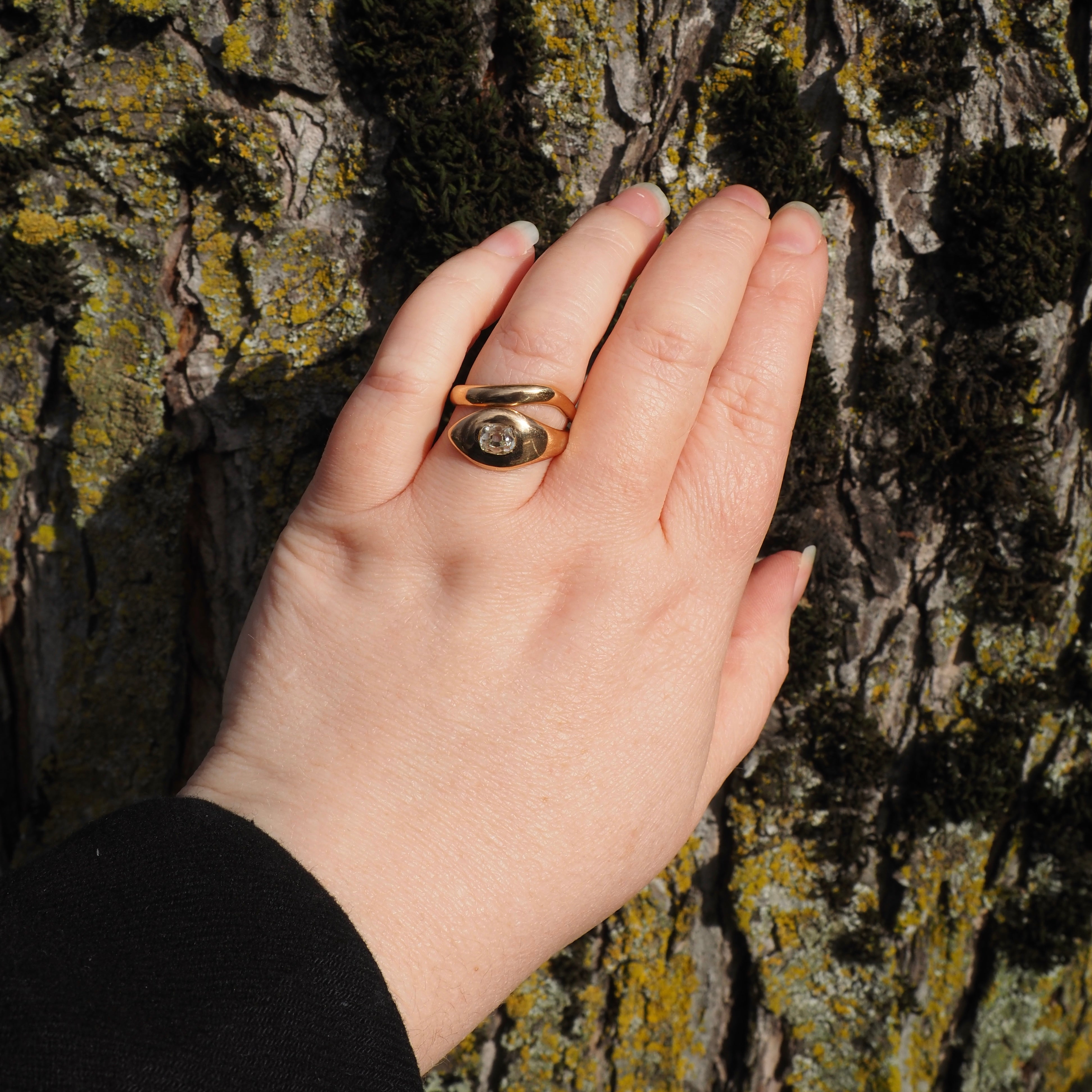 Antique Victorian Snake Cushion Cut Old Mine Cut Diamond 18k Gold Ring