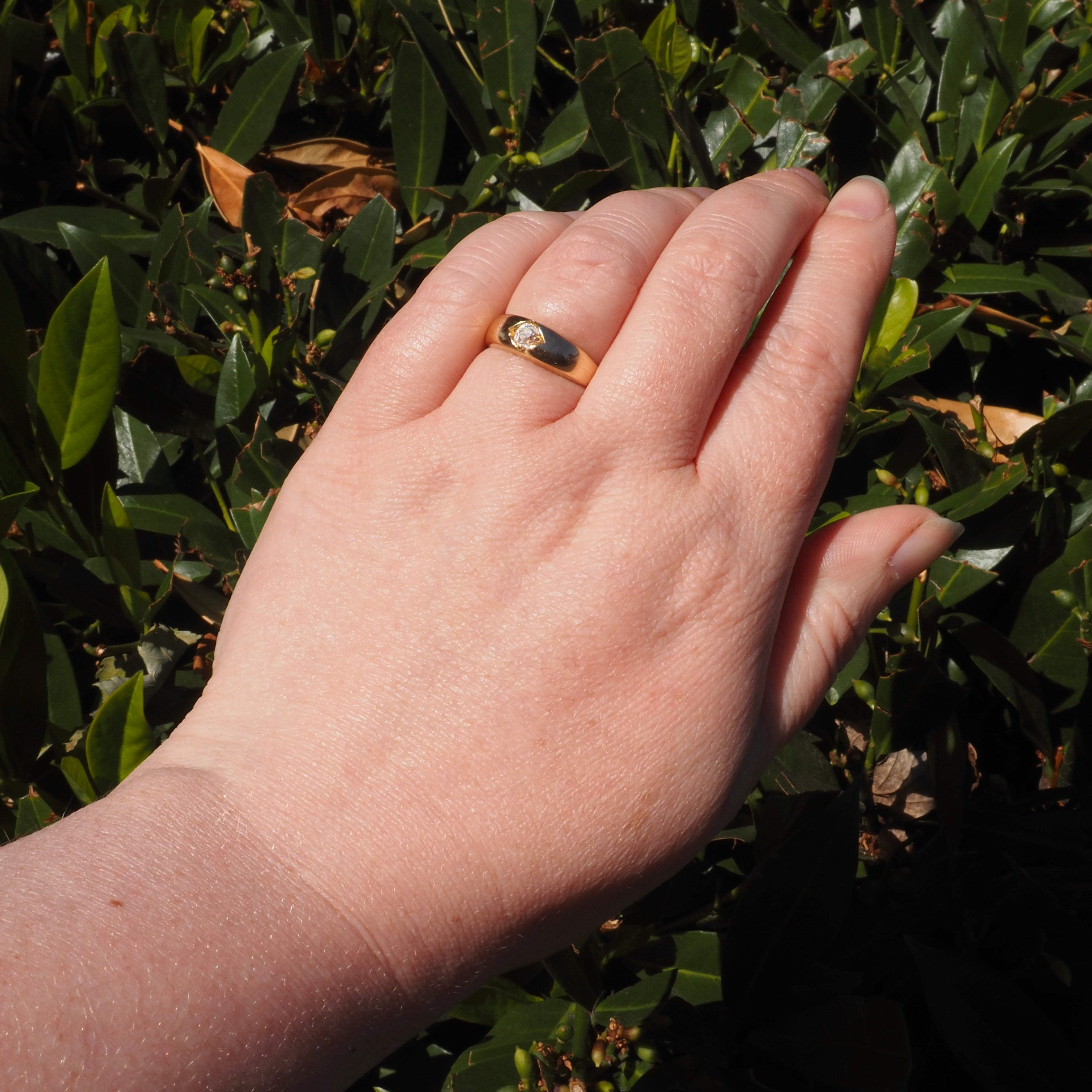 Antique English Cushion Old Mine Cut Diamond Flush Set 18k Gold Engagement Ring