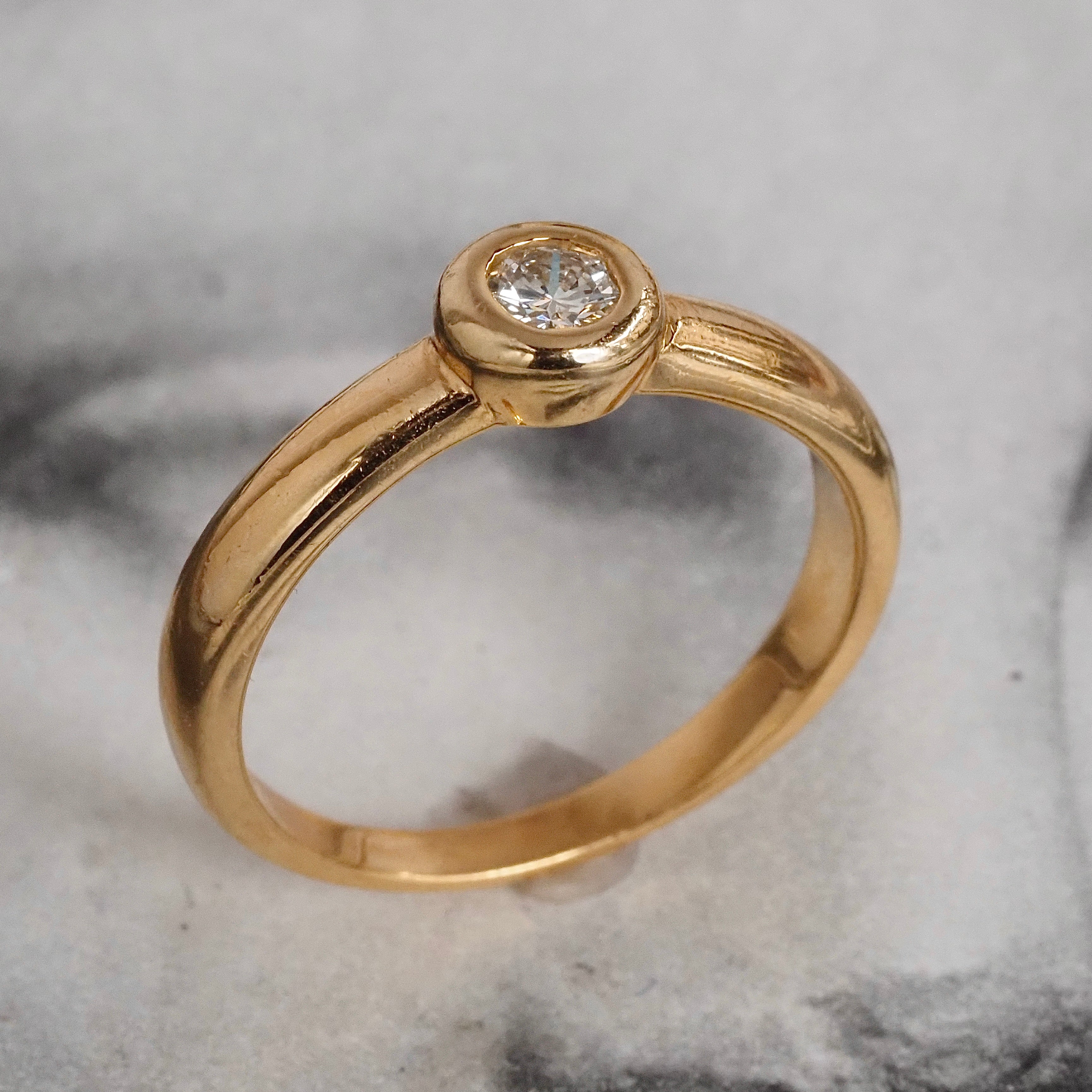 Vintage Round Brilliant Cut Diamond 14k Gold Bezel Set Solitaire Engagement Ring