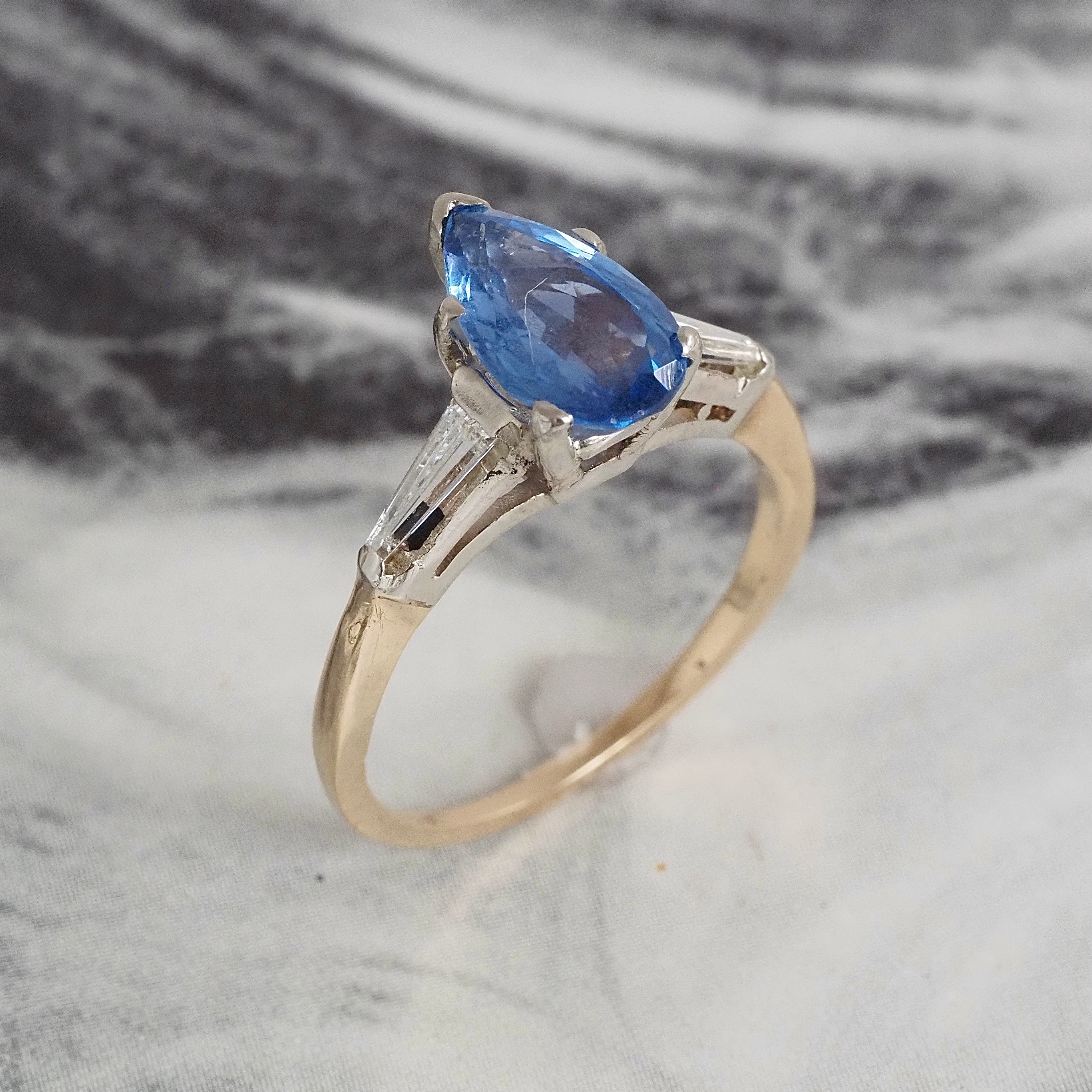 Vintage Pear Sapphire and Tapered Baguette Diamond 14k Gold Ring
