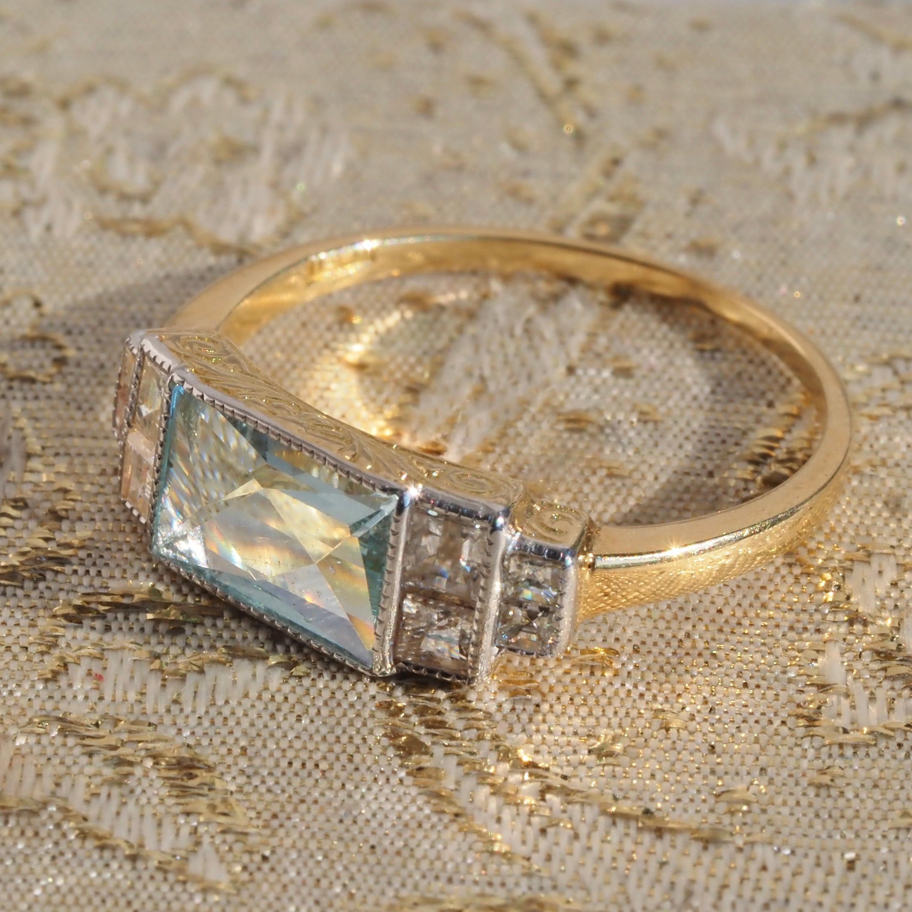 Antique Art Deco English Aquamarine Diamond 18k Gold and Platinum Ring