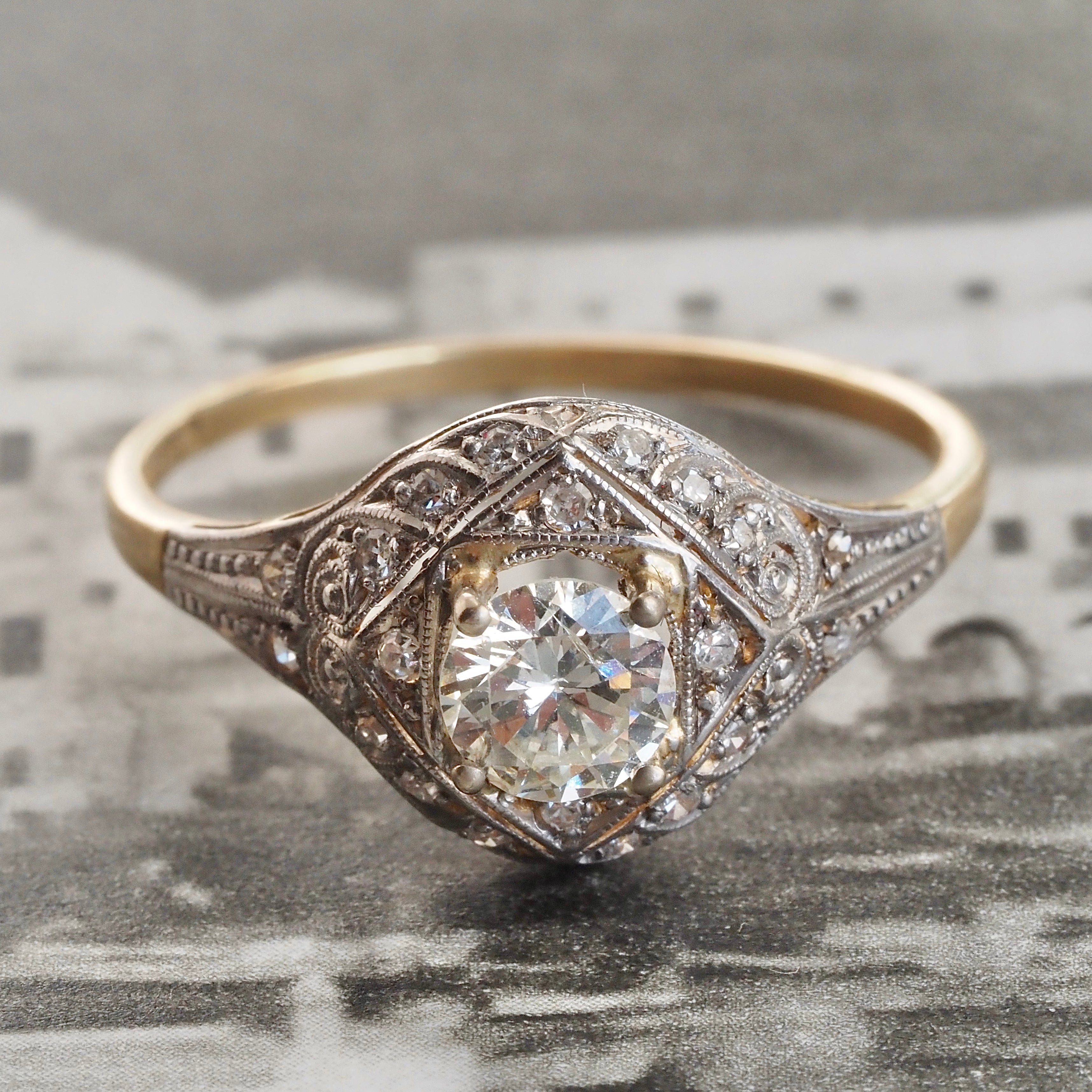 Antique Spanish Art Deco Round Brilliant Cut Diamond Solitaire Engagement Ring