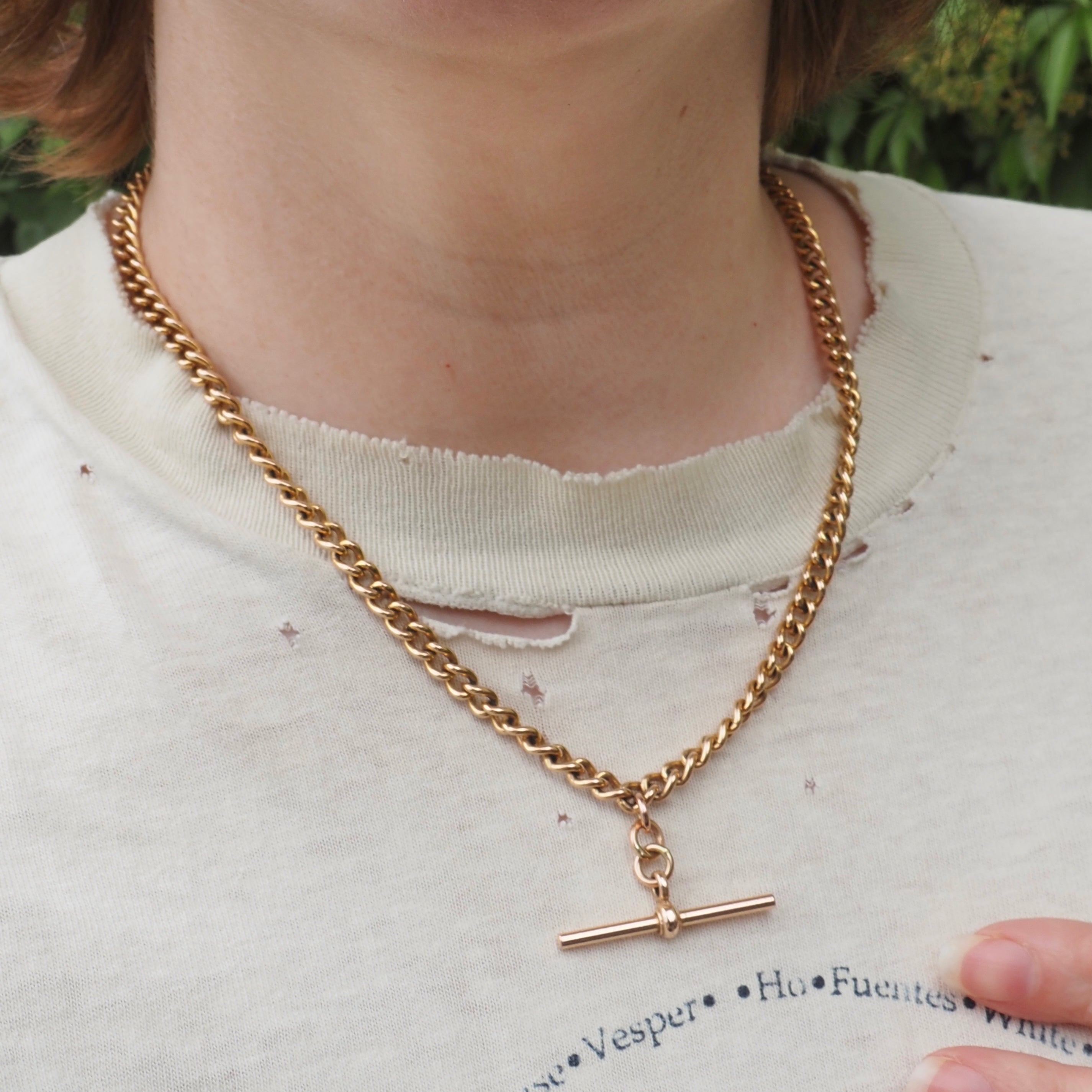 Vintage English 9k Gold Albert Chain Necklace with T Bar and Dog Clip