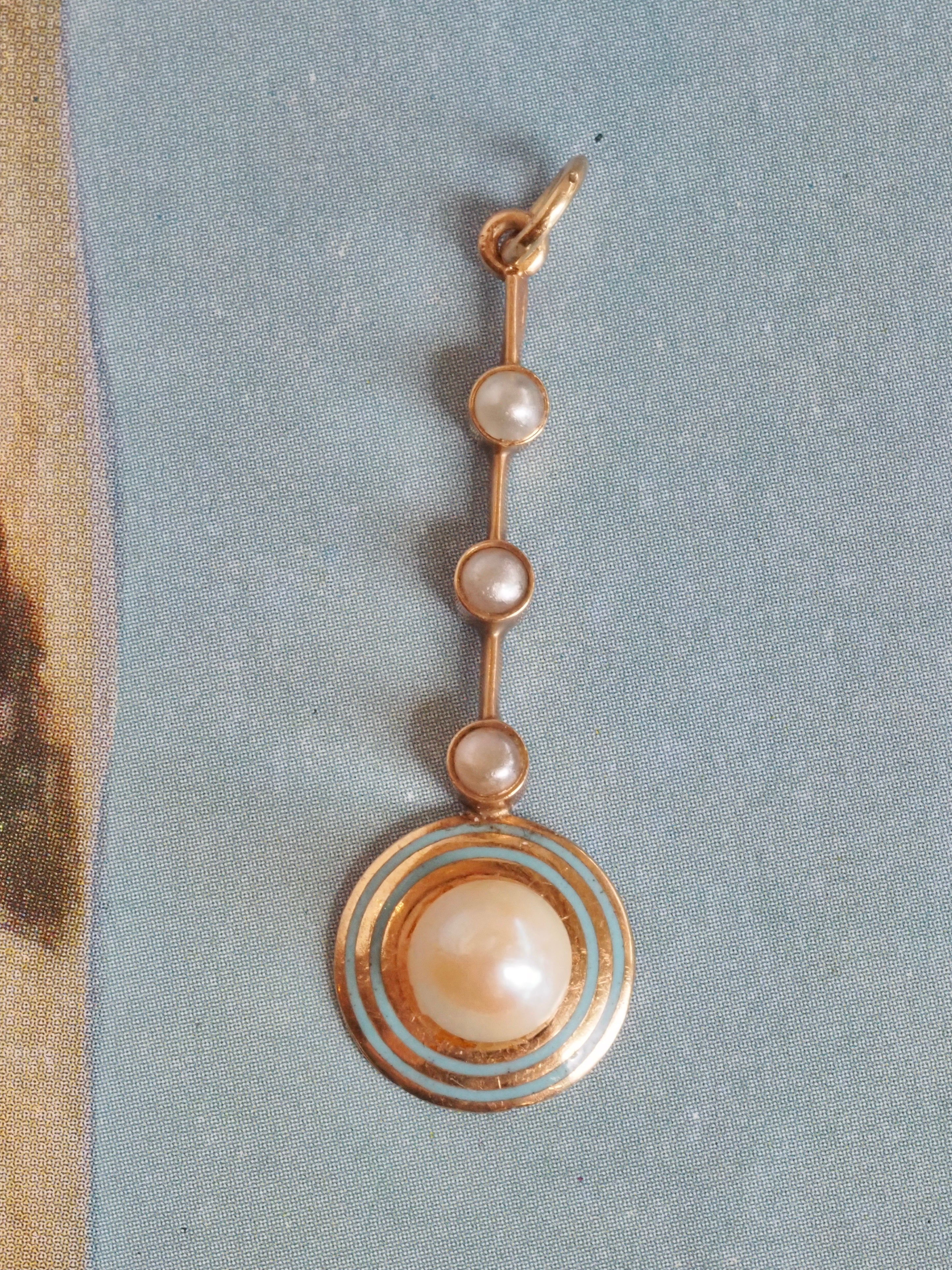 Antique 14k Gold Enamel & Pearl Pendant
