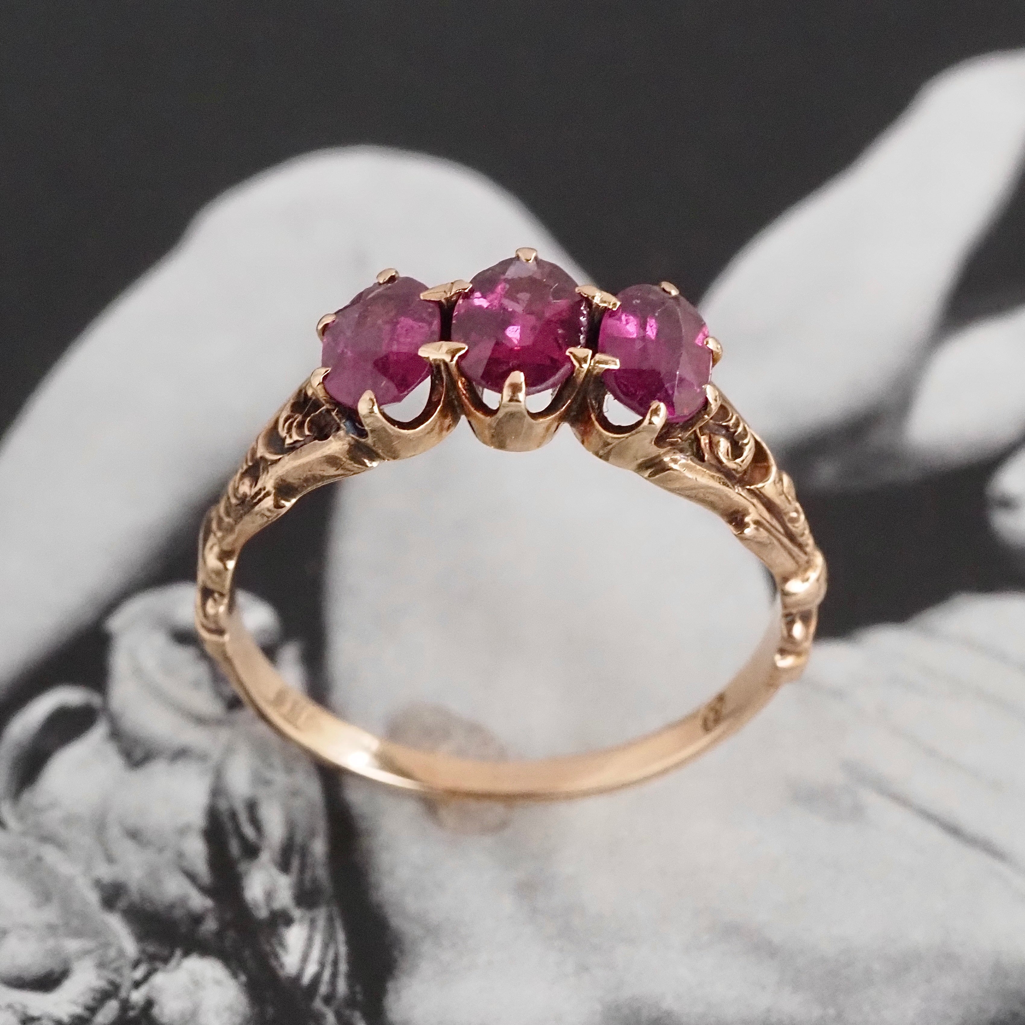 Antique Victorian Rubellite Tourmaline Trilogy 10k Gold Ring