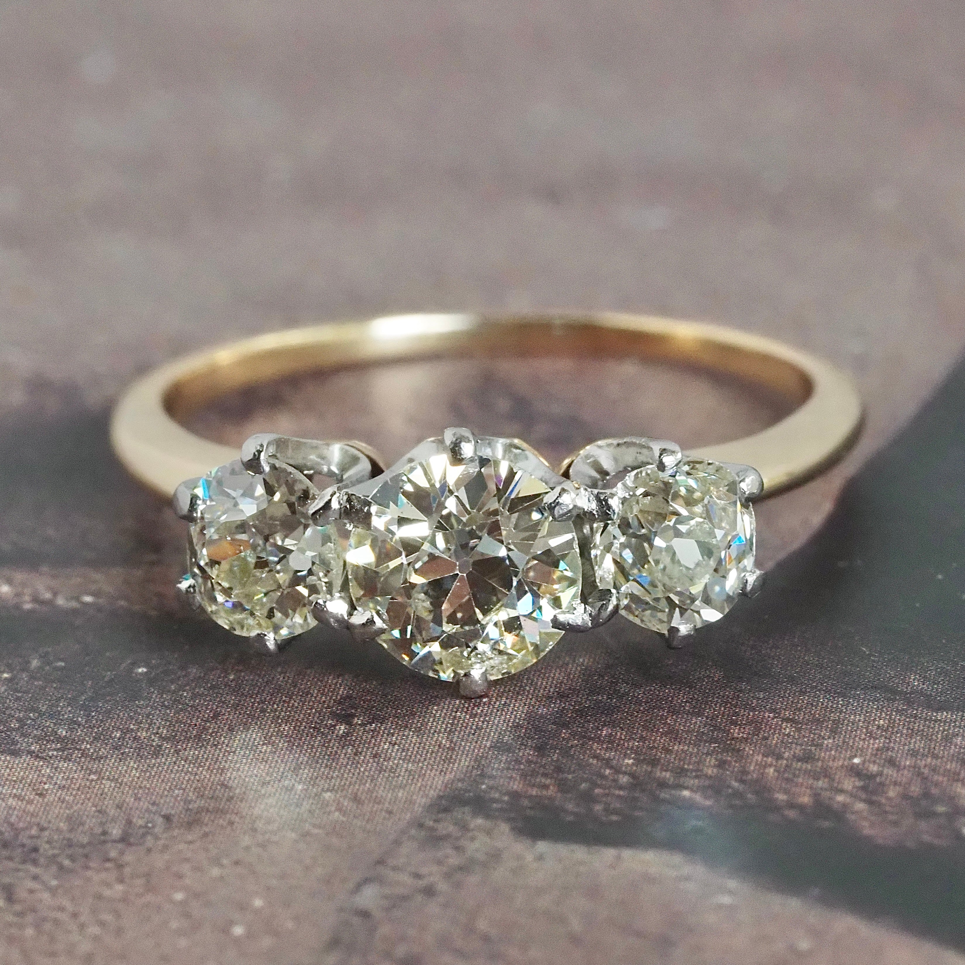 Vintage Old European & Old Mine Cut 1.59ctw Diamond Trilogy Platinum 14k Gold Engagement Ring