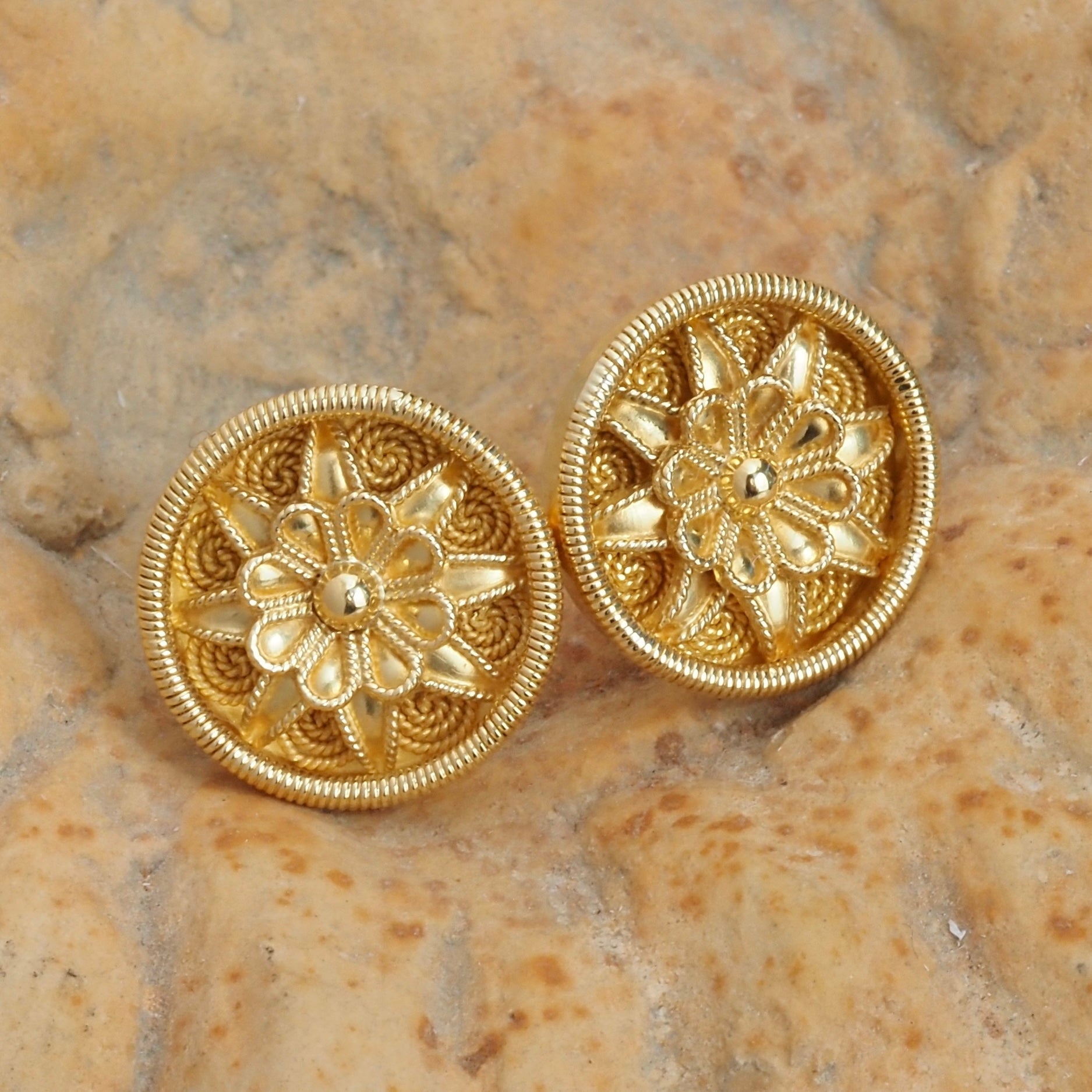 Vintage Greek 18k Gold Floral Disc Earrings