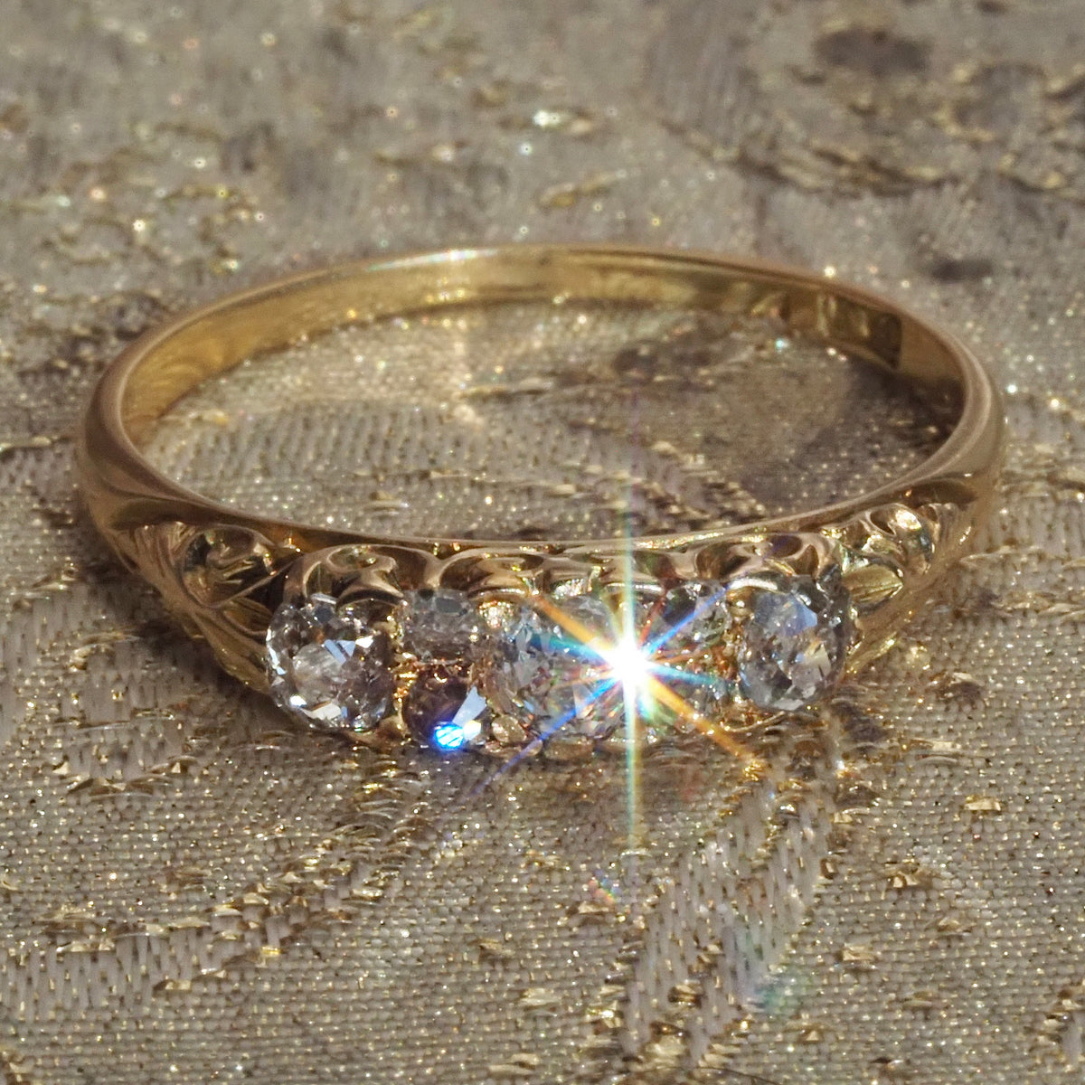 Antique Art Nouveau Old Mine Cut and Single Cut Diamond 18k Gold Half Hoop Ring