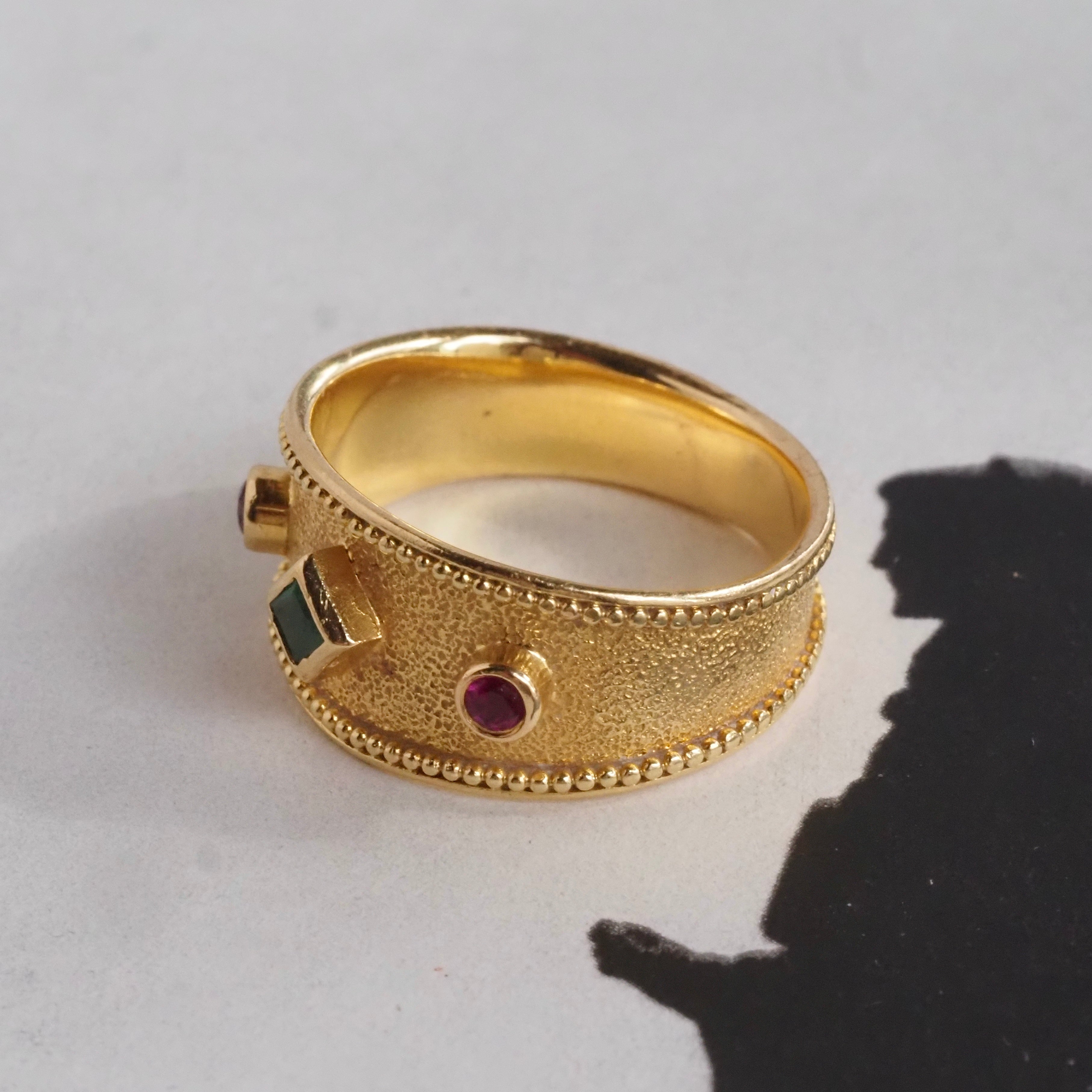 Vintage Ancient Greek Style Ruby and Emerald Tapered Band