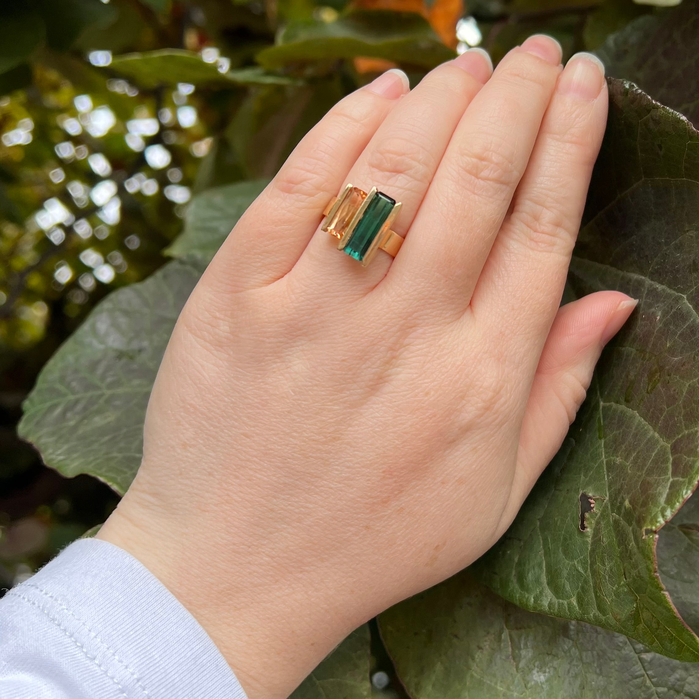Modernist Tourmaline and Imperial Topaz 14k Gold Ring