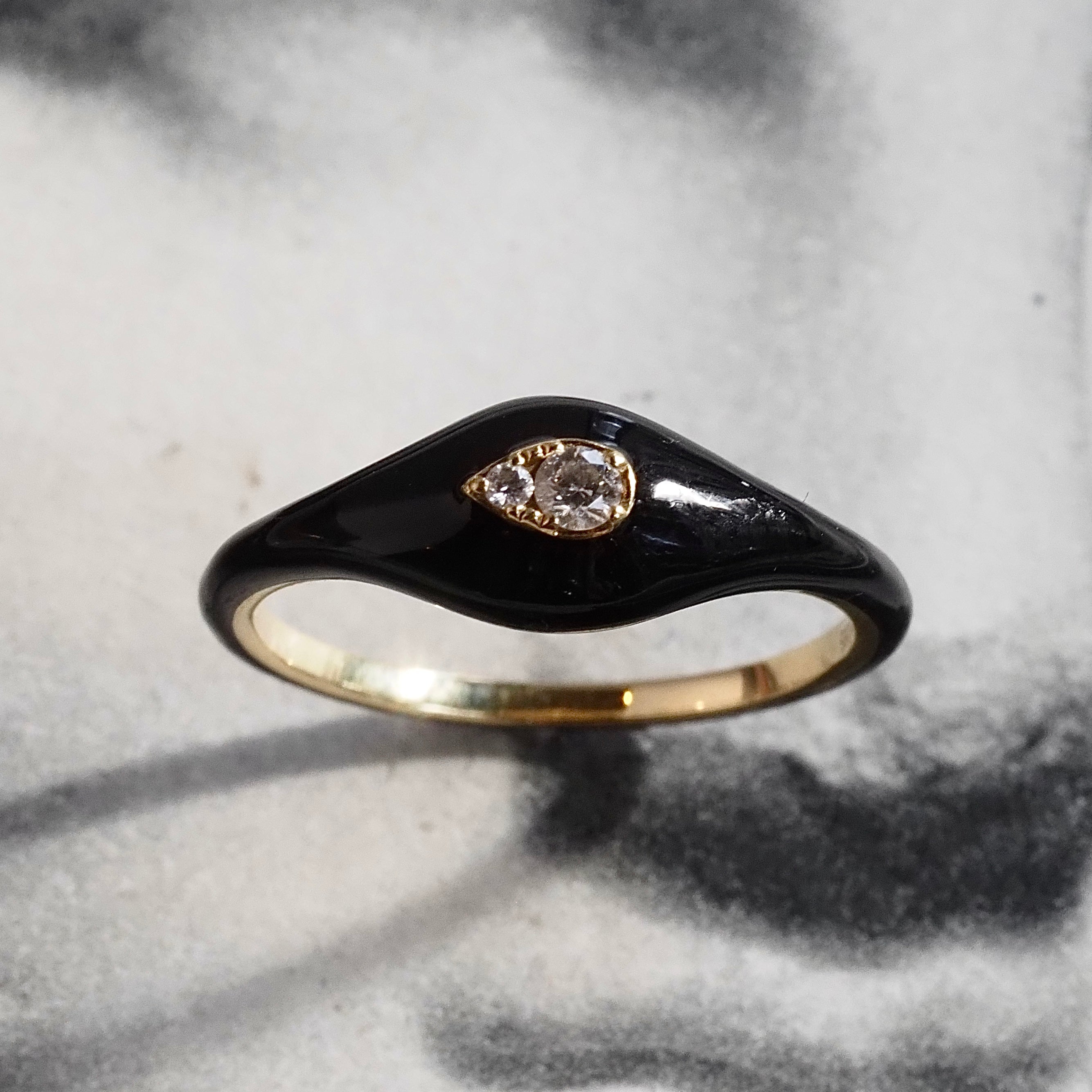 Domed Black Enamel 18k Gold Diamond Teardrop Ring
