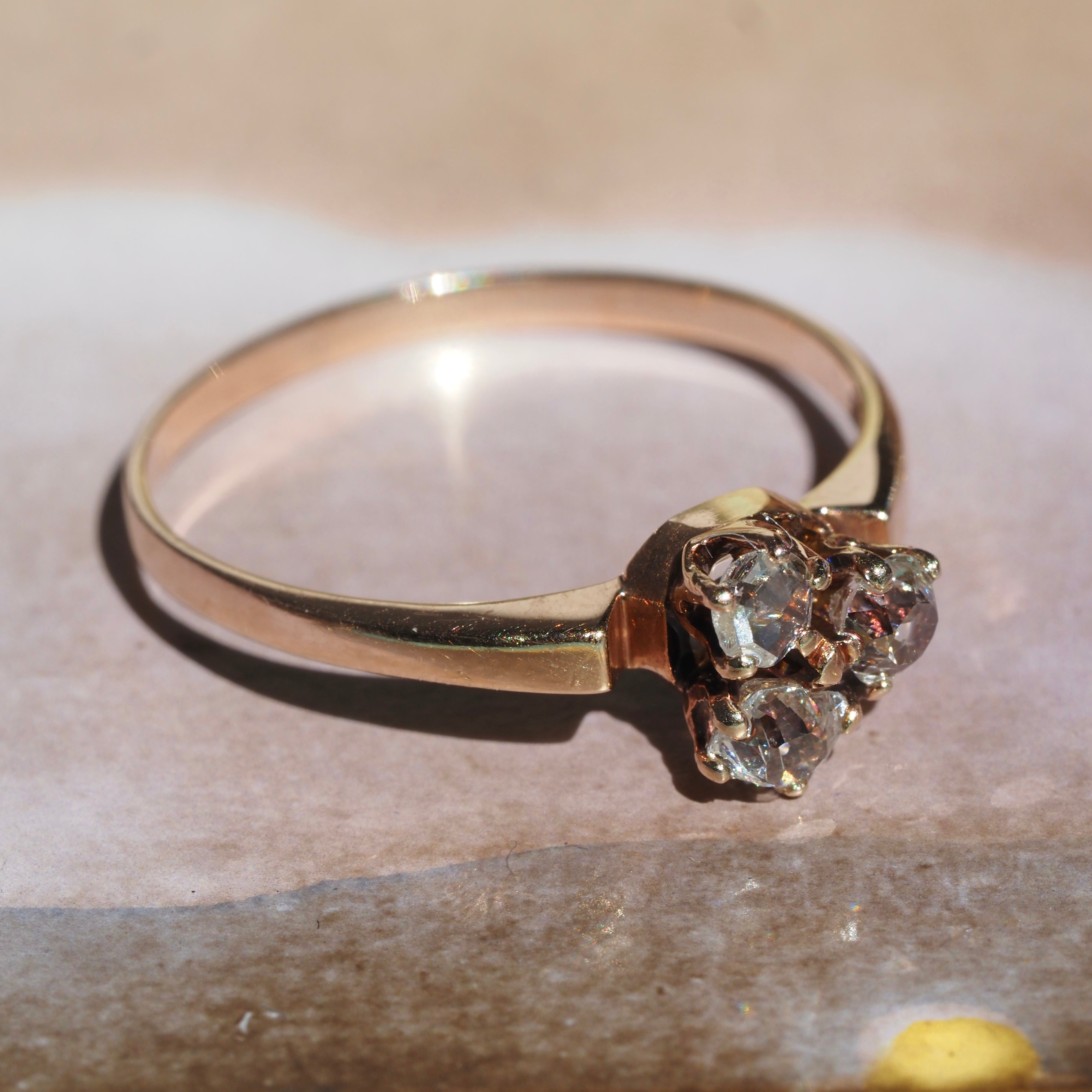 Antique Victorian Old Mine Cut and Rose Cut Diamond Trio 10K Ring